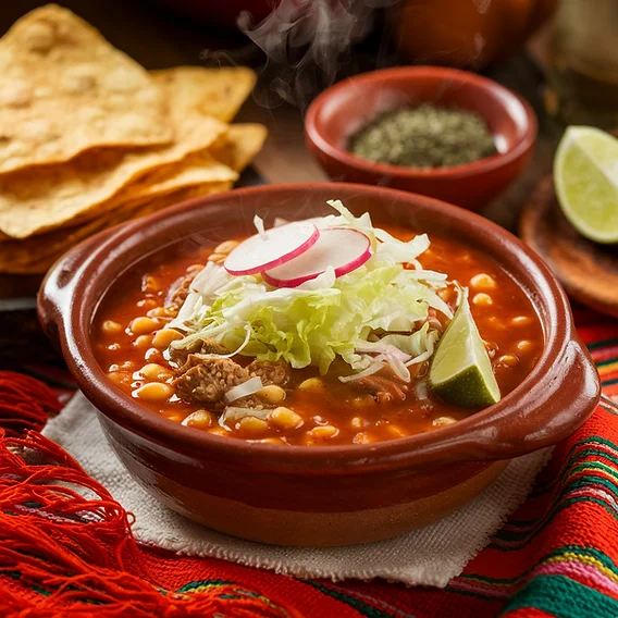 A warm bowl of soup featuring a mix of corn, meat, and garnished with shredded lettuce, radishes, and lime, with tortilla chips on the side.