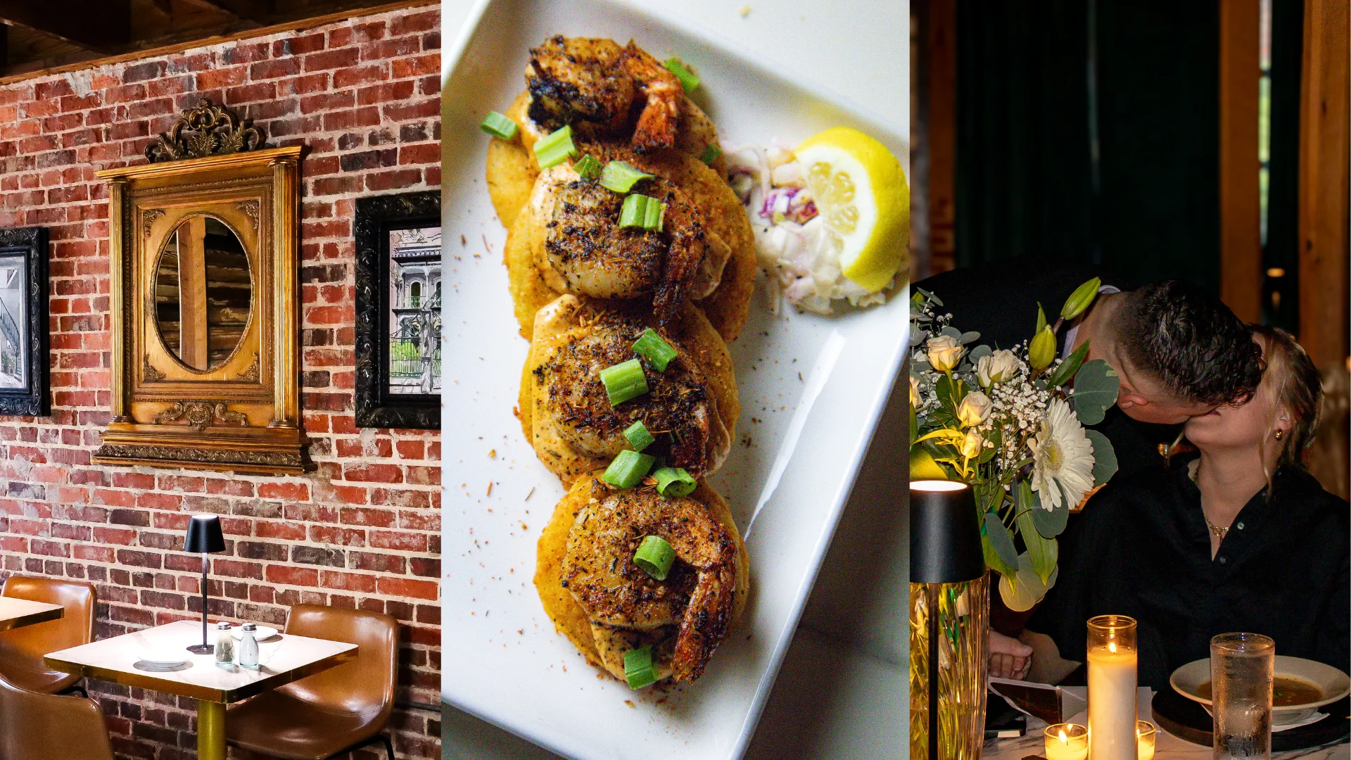 Cozy restaurant interior with rustic brick walls and elegant decor