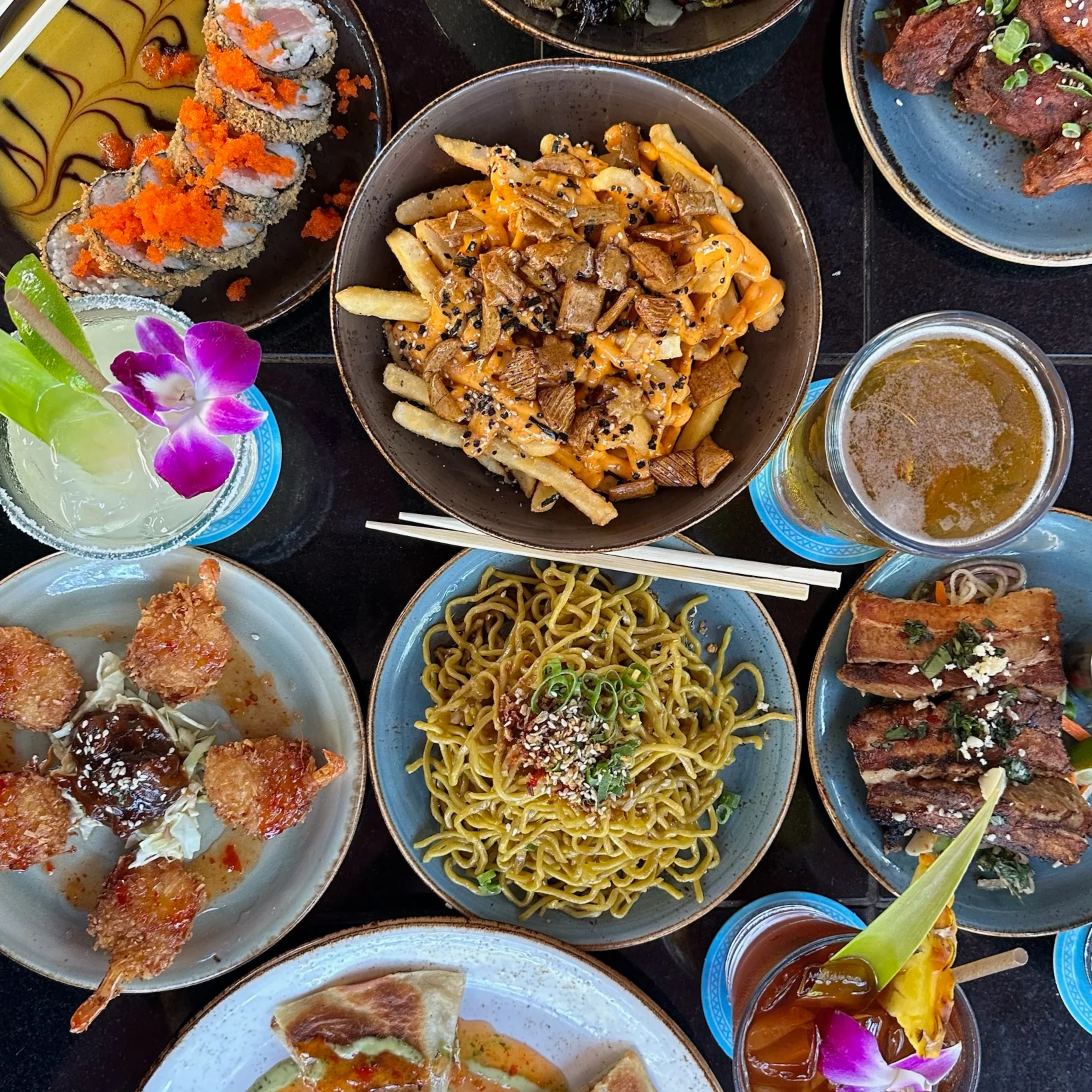 garlic noodles and drinks