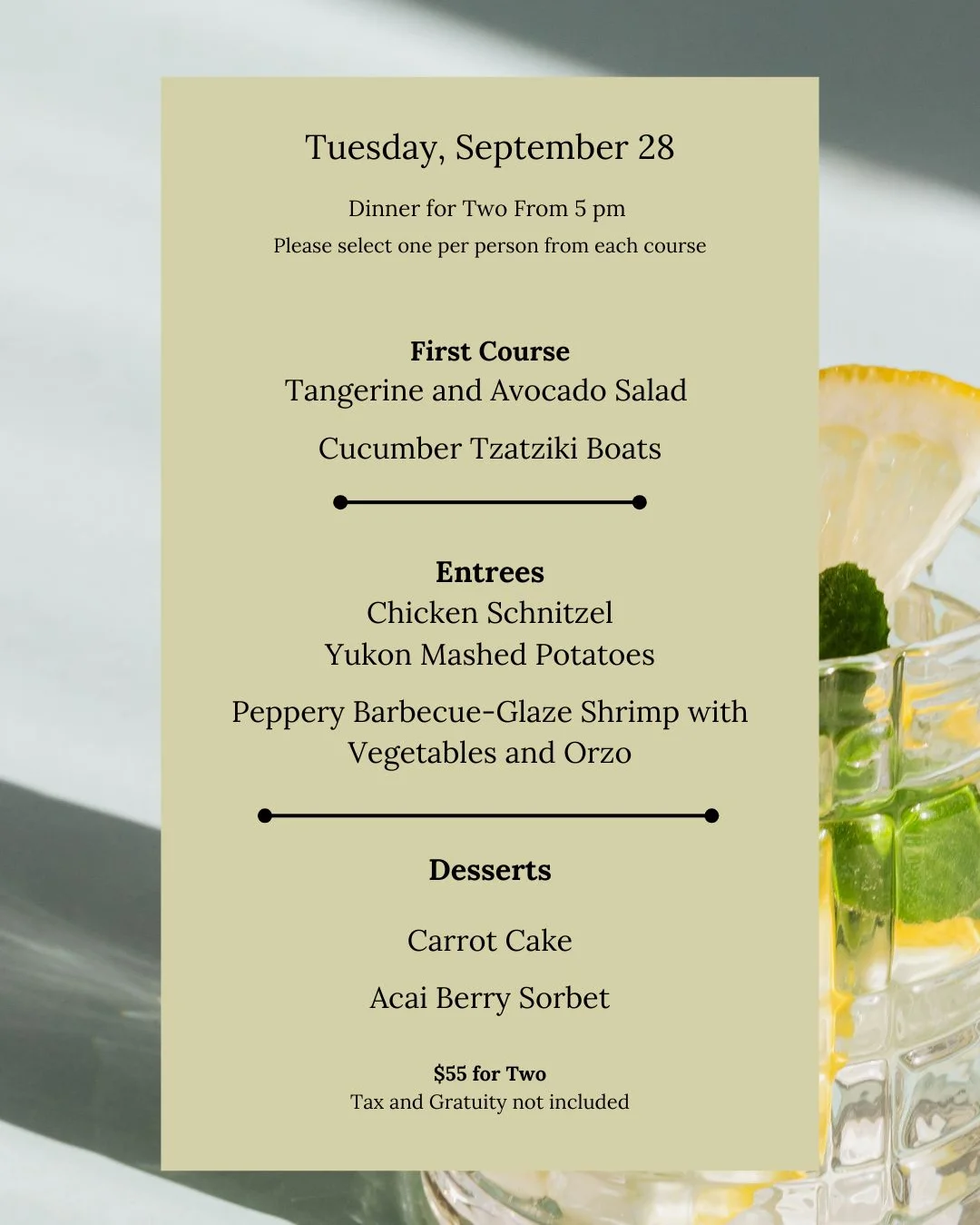 Elegant dinner menu for two featuring Mediterranean dishes and desserts
