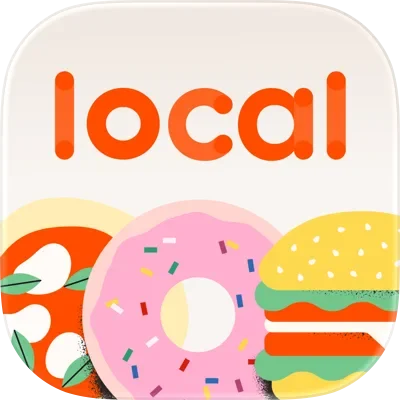Colorful food icons featuring pizza, donut, and burger