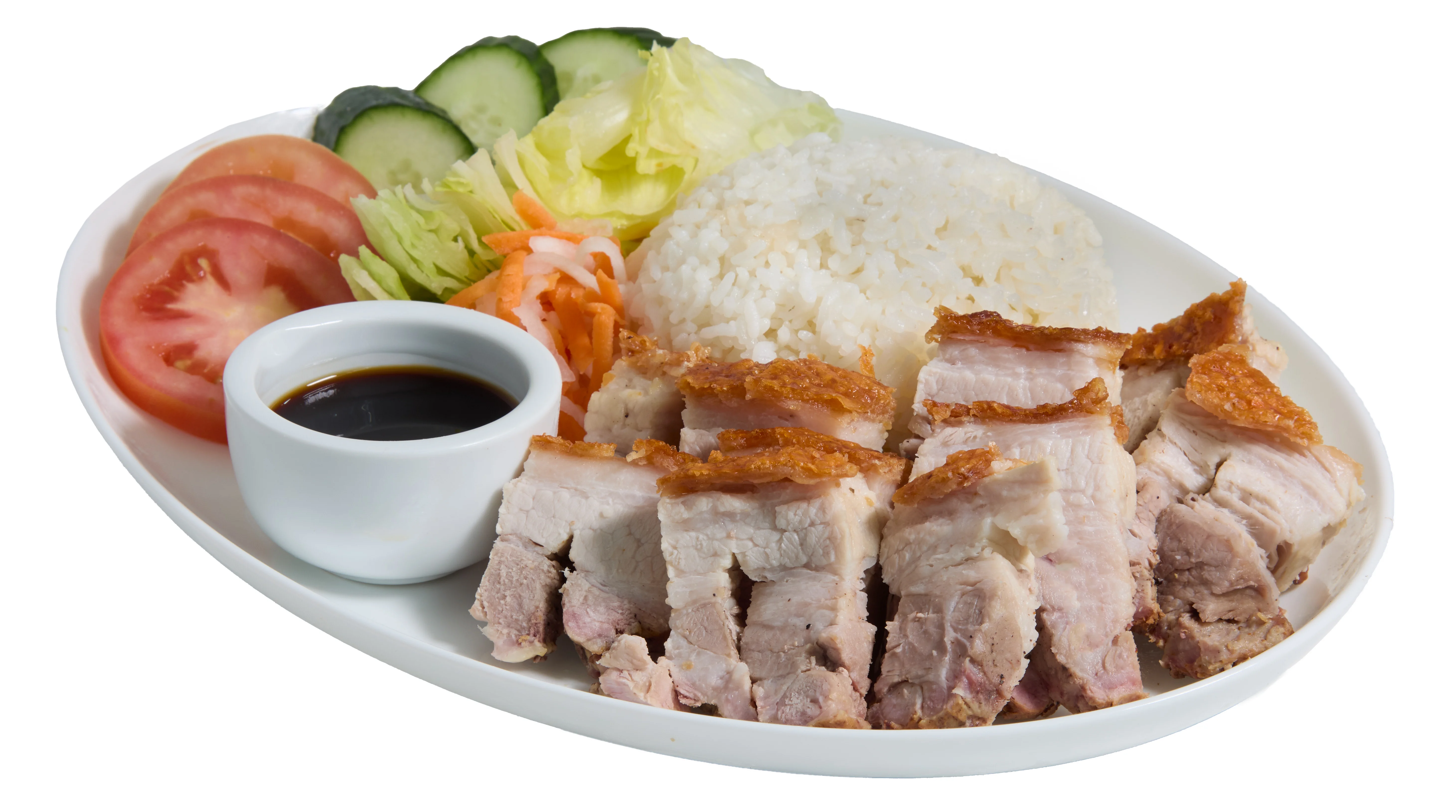 Crispy pork dish served with garnishes on a plate