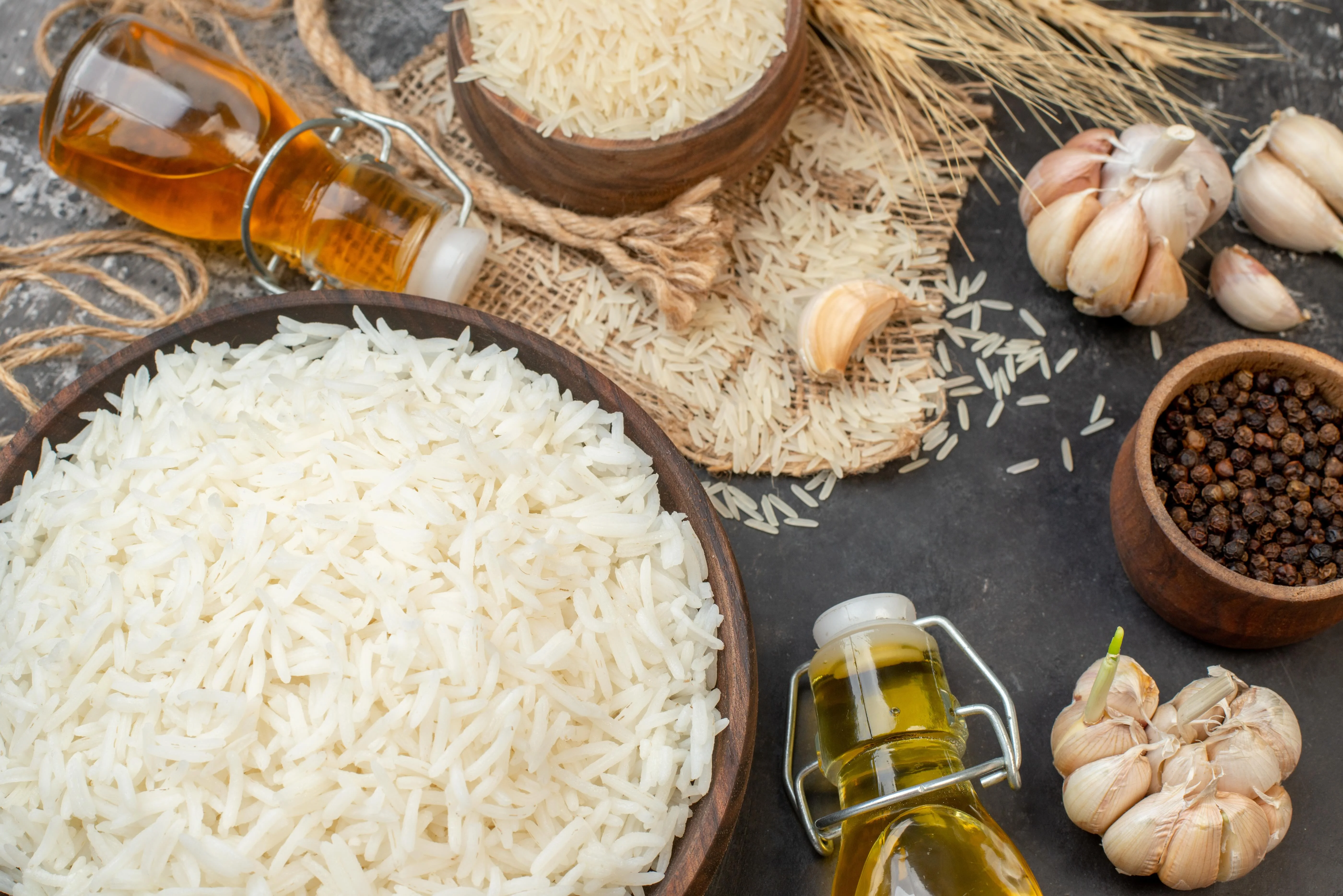 Basmati rice and garlic for Indian cuisine preparation