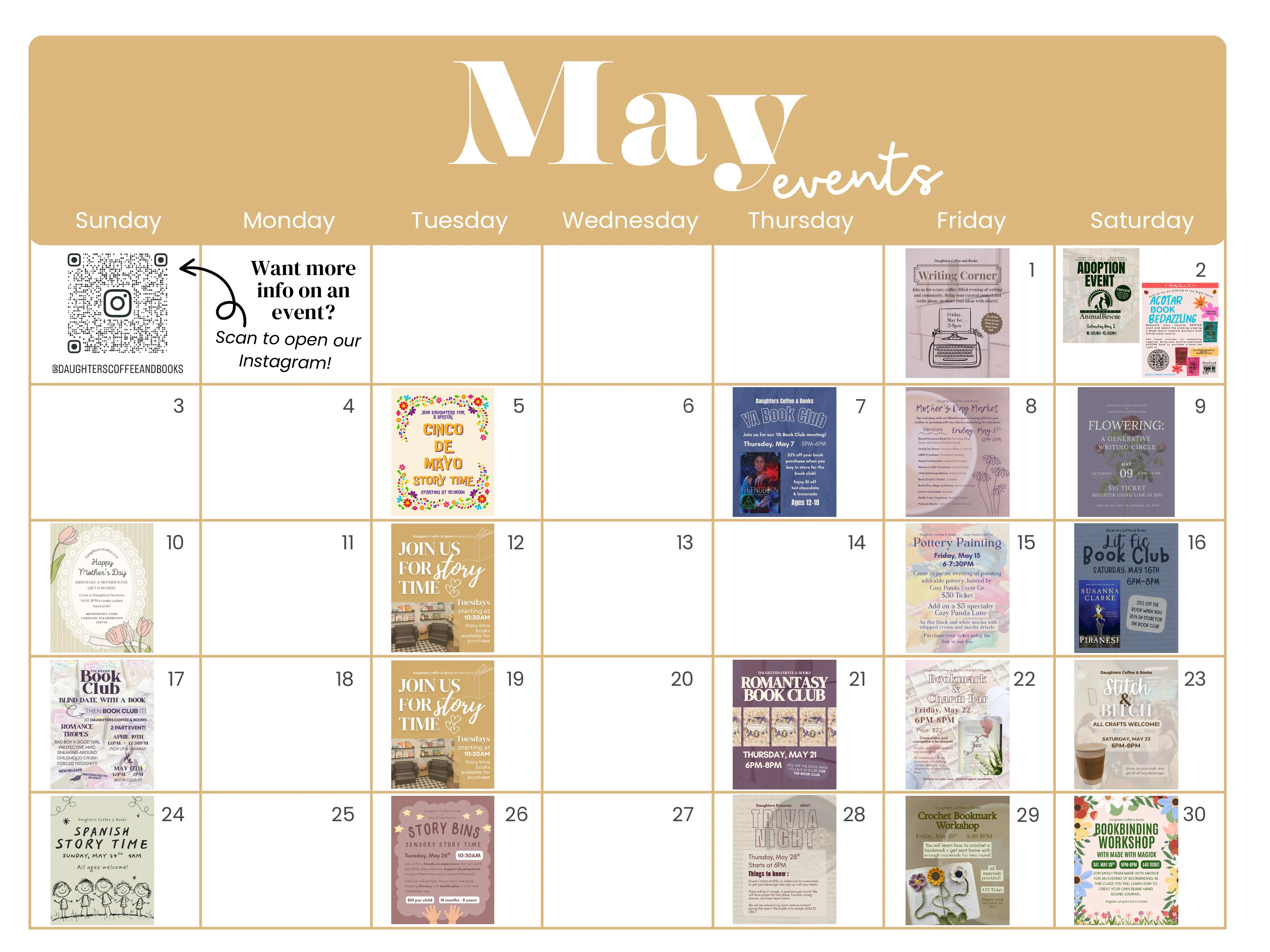 Monthly event calendar for a restaurant featuring various activities.