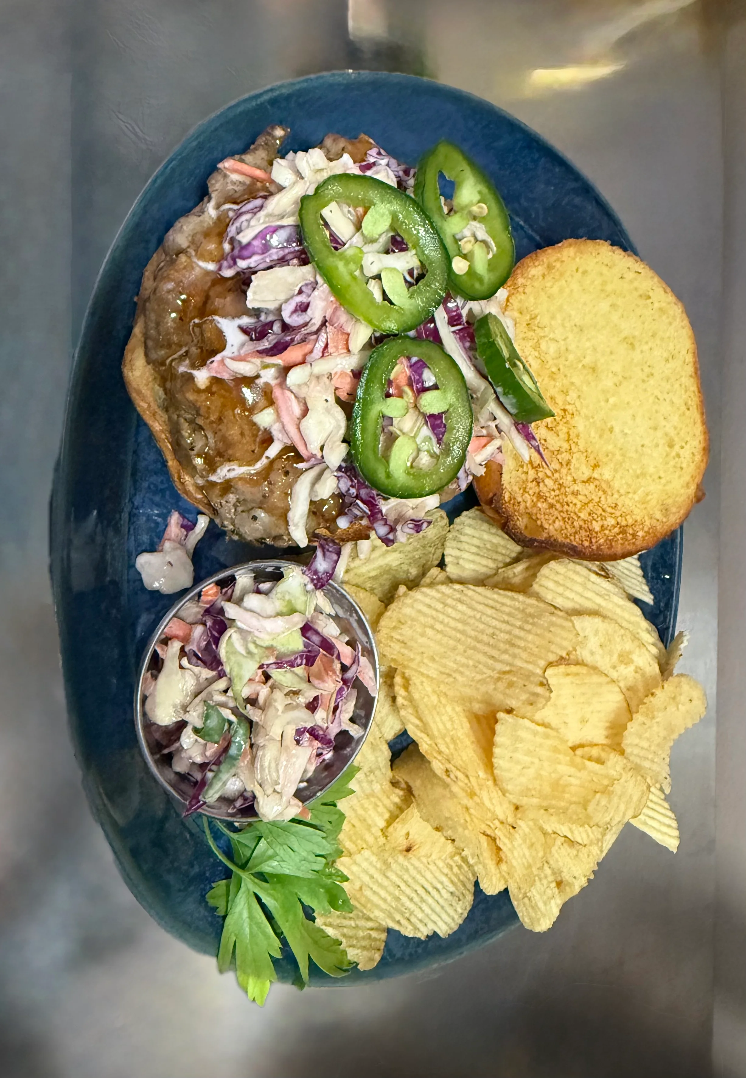 Southern pulled pork sandwich with coleslaw and chips