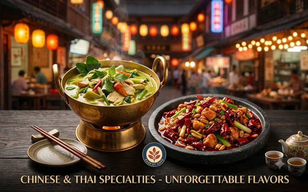 Chinese and Thai dishes featuring stir-fried vegetables and spicy chicken