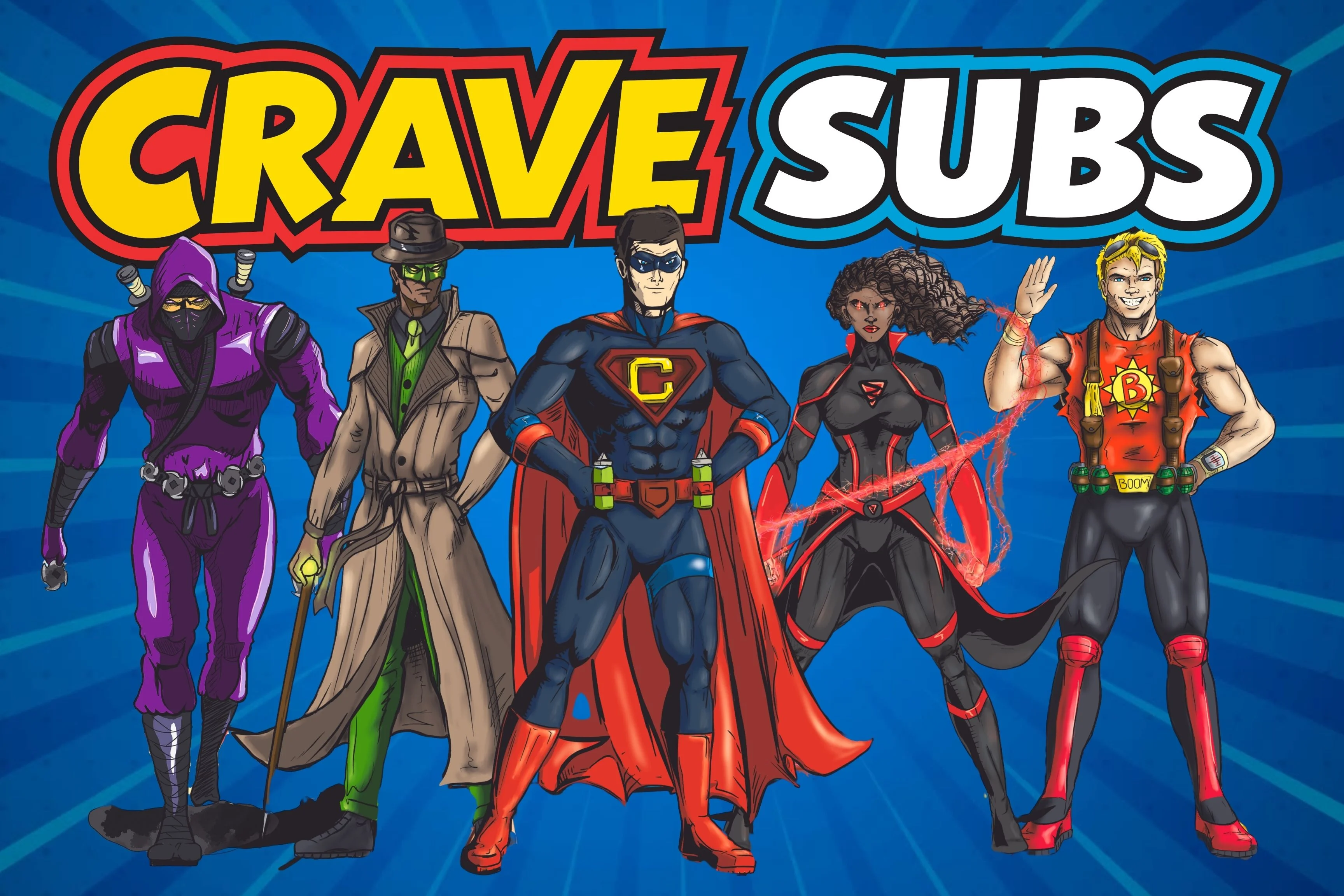 A dynamic graphic featuring a superhero character with a sandwich, surrounded by comic-style explosions highlighting various food items, against a bright blue background.