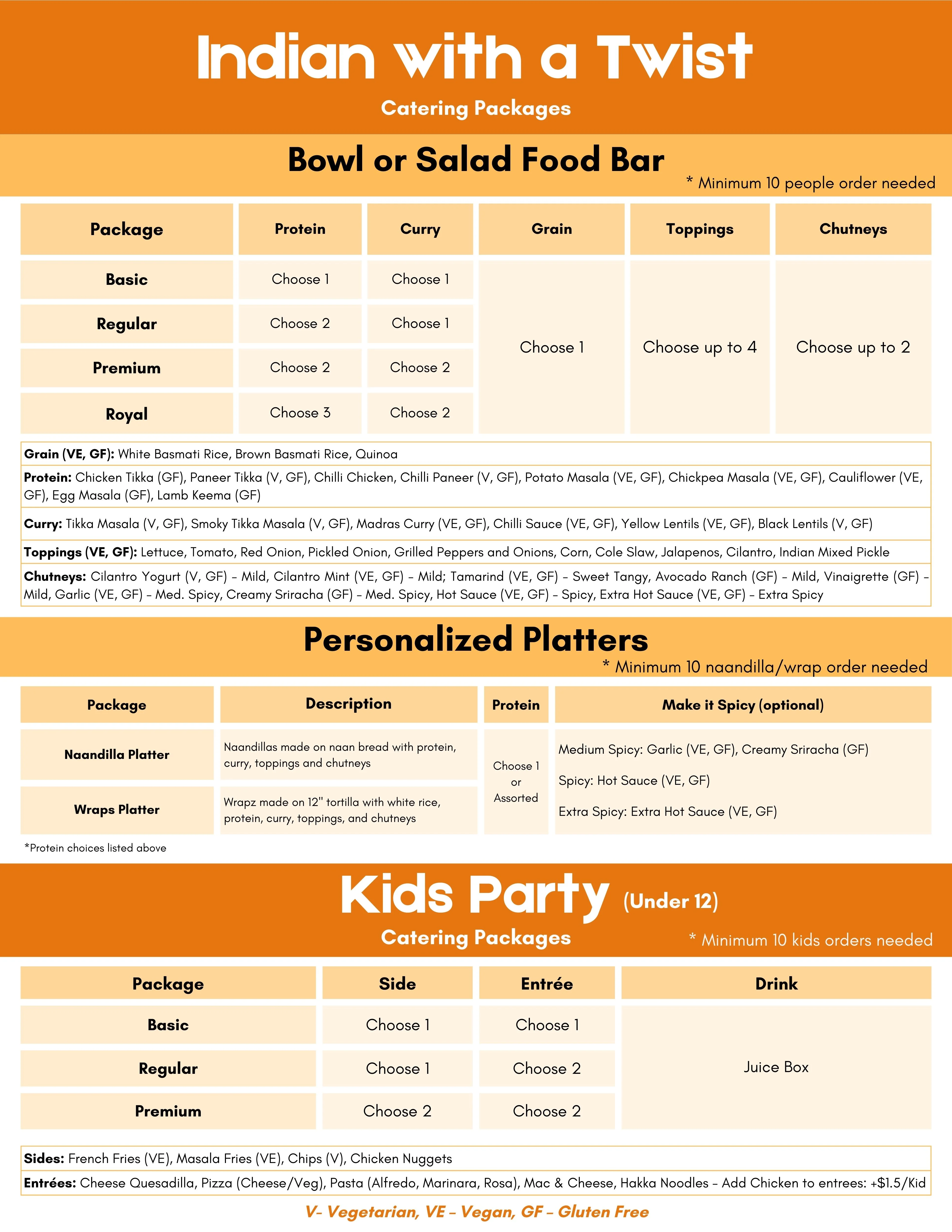 Catering menu for Indian cuisine with diverse food options