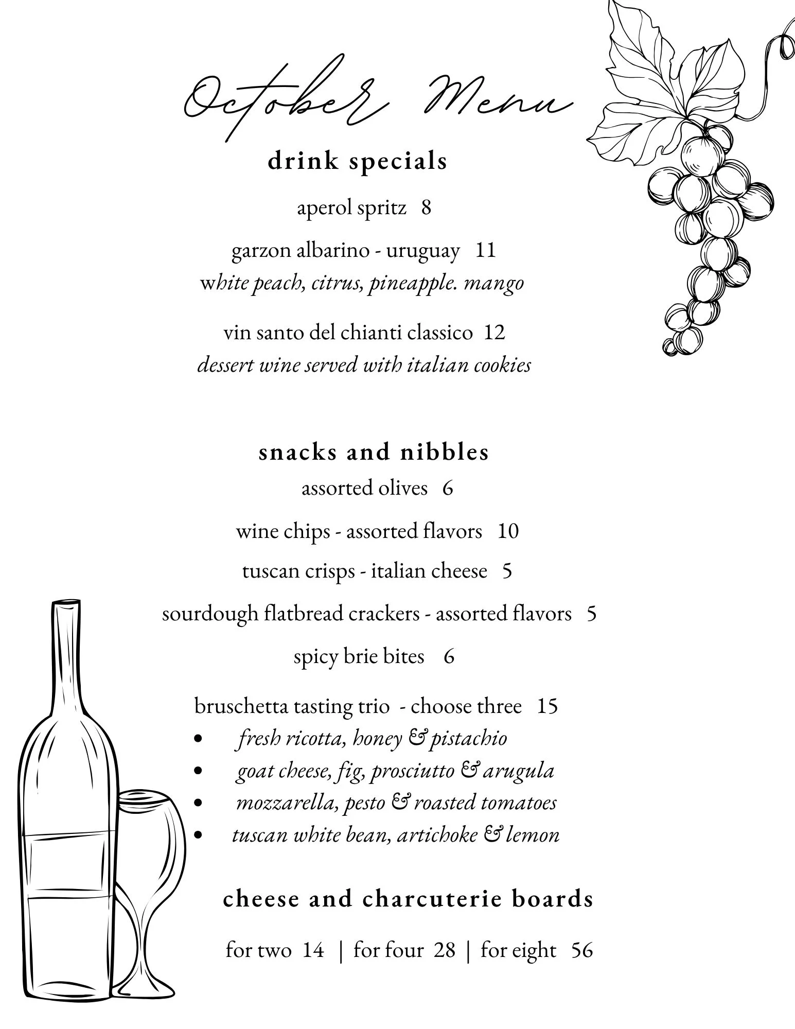 Elegant Italian restaurant October menu featuring drinks, snacks, and charcuterie