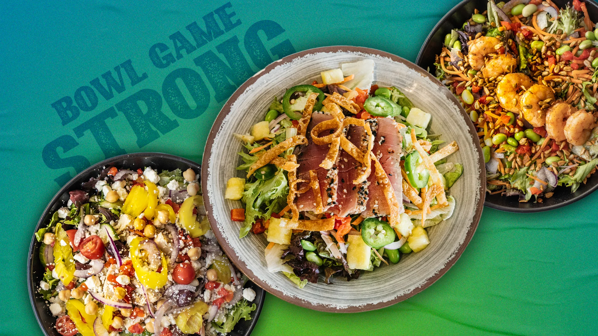 Colorful Asian-inspired salad bowls with shrimp and tuna