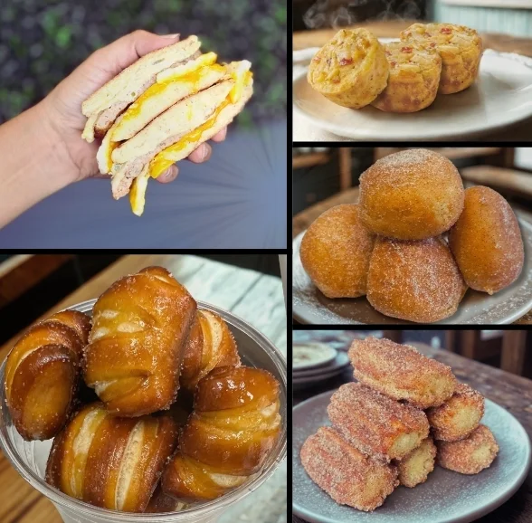 Assorted breakfast pastries including croissants and doughnuts