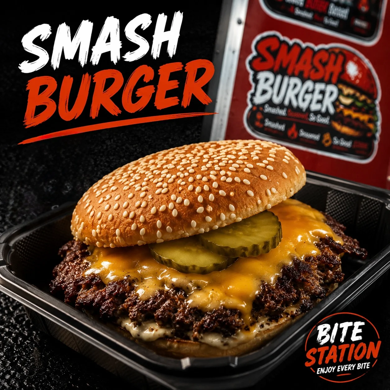 A delicious burger stacked with beef patty, melted cheese, lettuce, pickles, and mustard, all nestled in a soft bun. Served on a white plate.