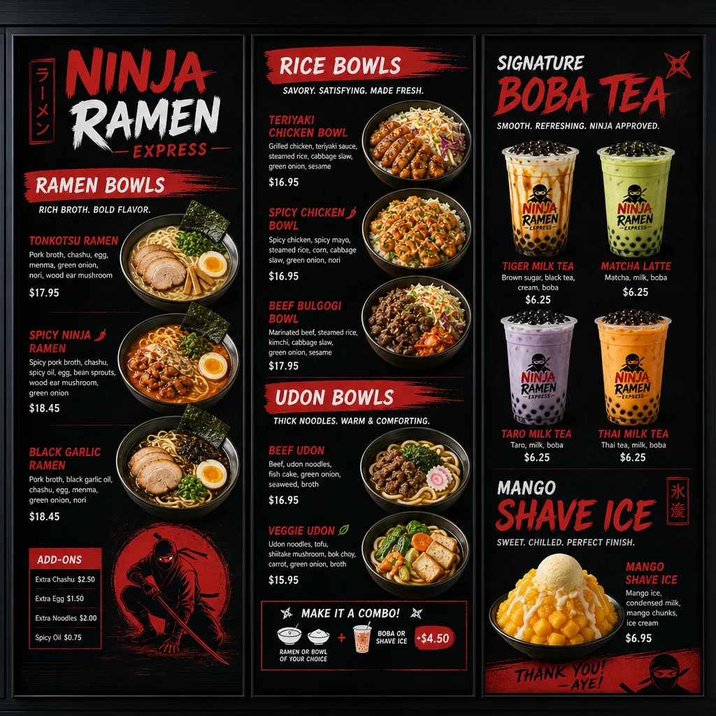 Another vibrant menu featuring a selection of ramen, rice bowls, udon bowls, and unique boba tea flavors at Ninja Ramen Express.