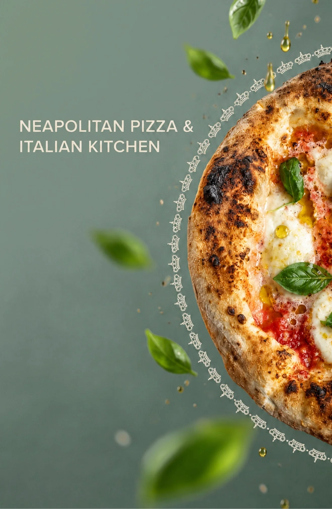 Pizza Secret hero image: Neapolitan pizza on a sage green background with a white crown circle