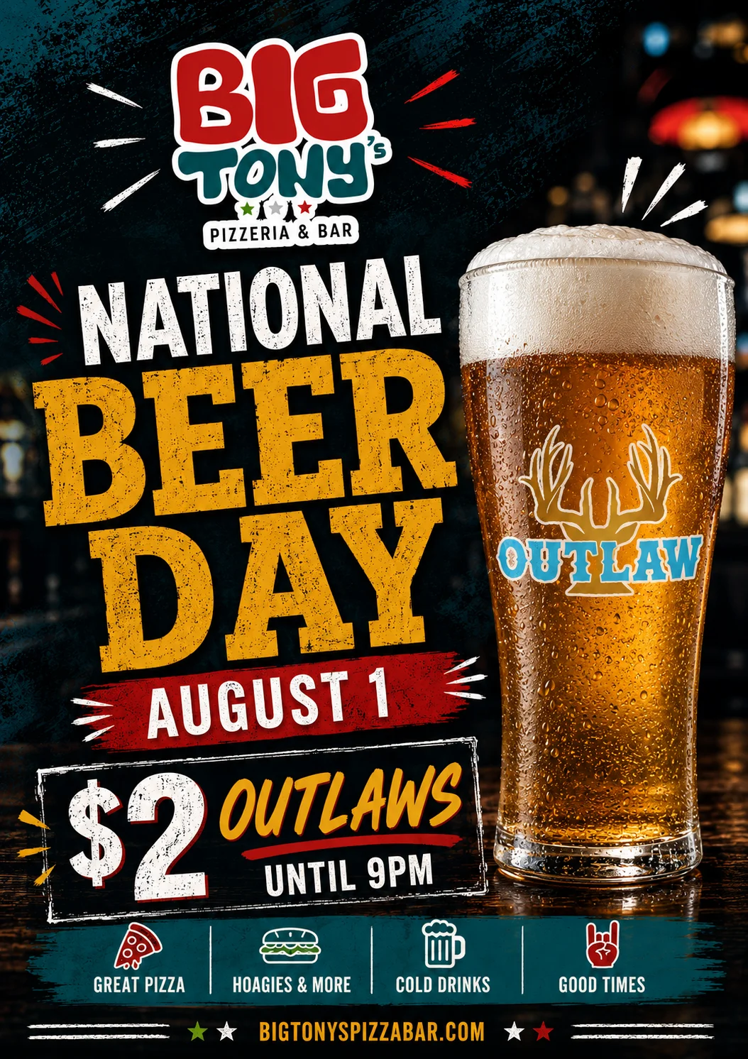 Celebratory beer for National Beer Day at a pizzeria and bar