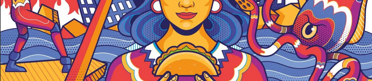 Colorful illustration of a woman holding a taco, surrounded by vibrant elements