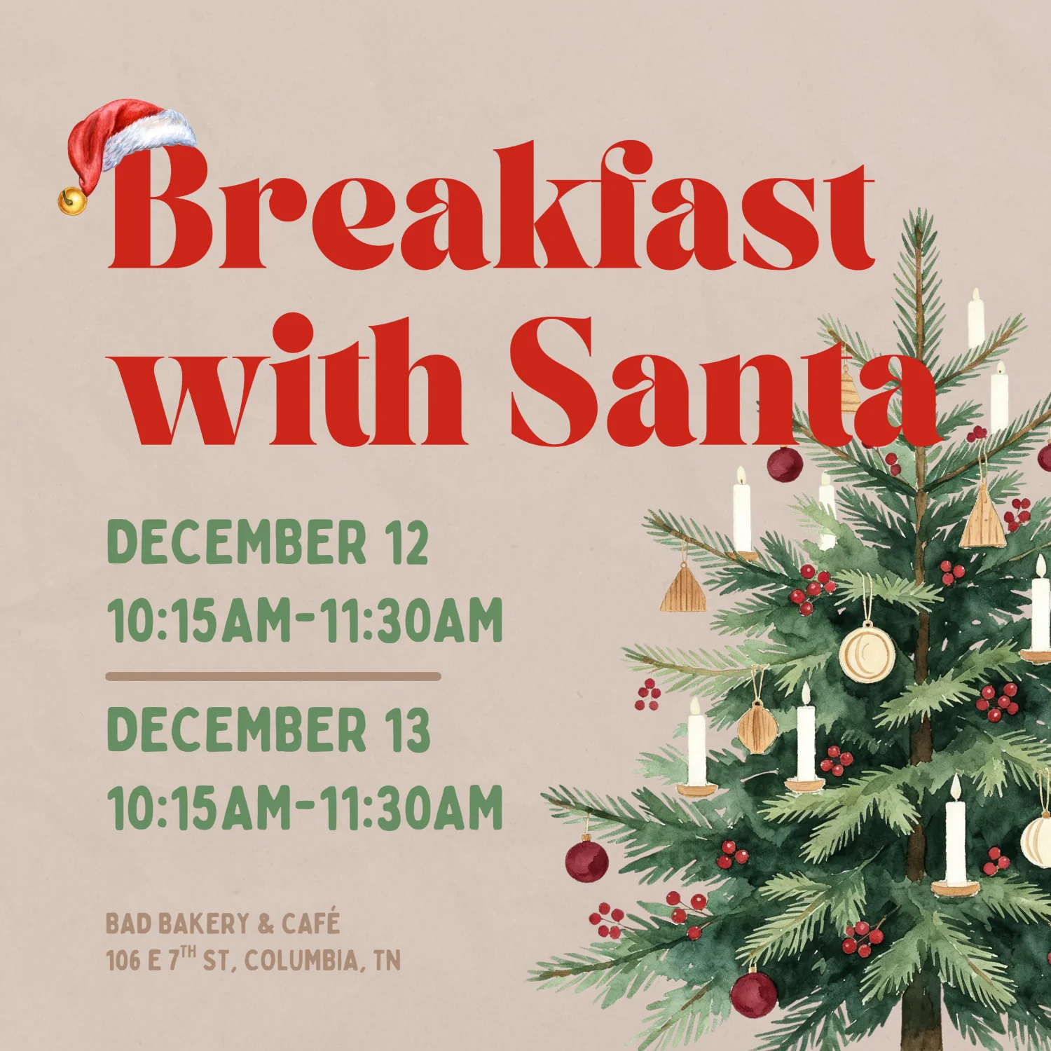 Festive event flyer for Breakfast with Santa