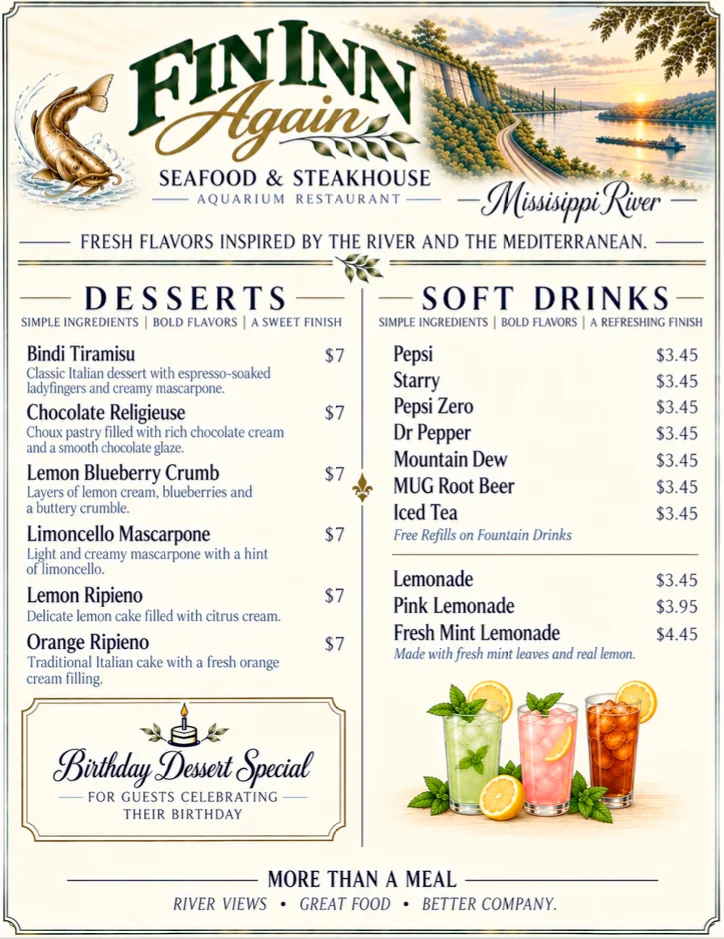Restaurant dessert and soft drink menu with Mediterranean-inspired offerings
