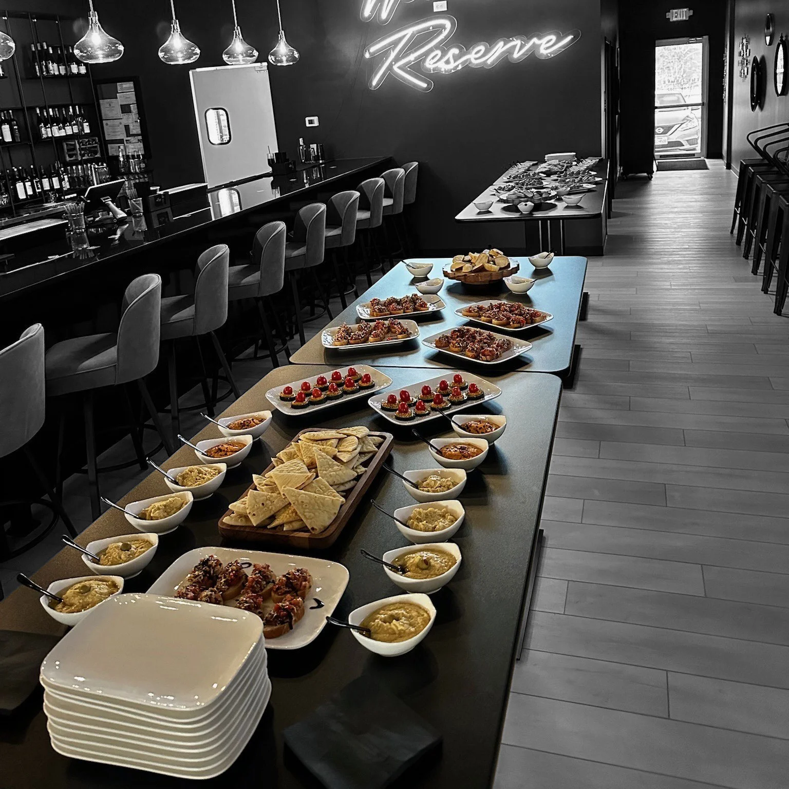 Elegant spread of Mediterranean mezze in a modern restaurant setting