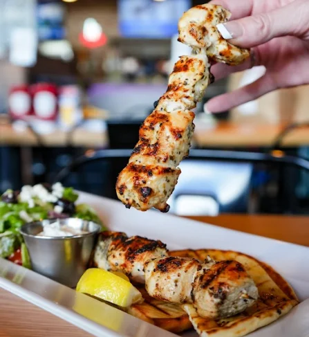 Greek chicken kabob with pita at Scotty P's in Plano, TX