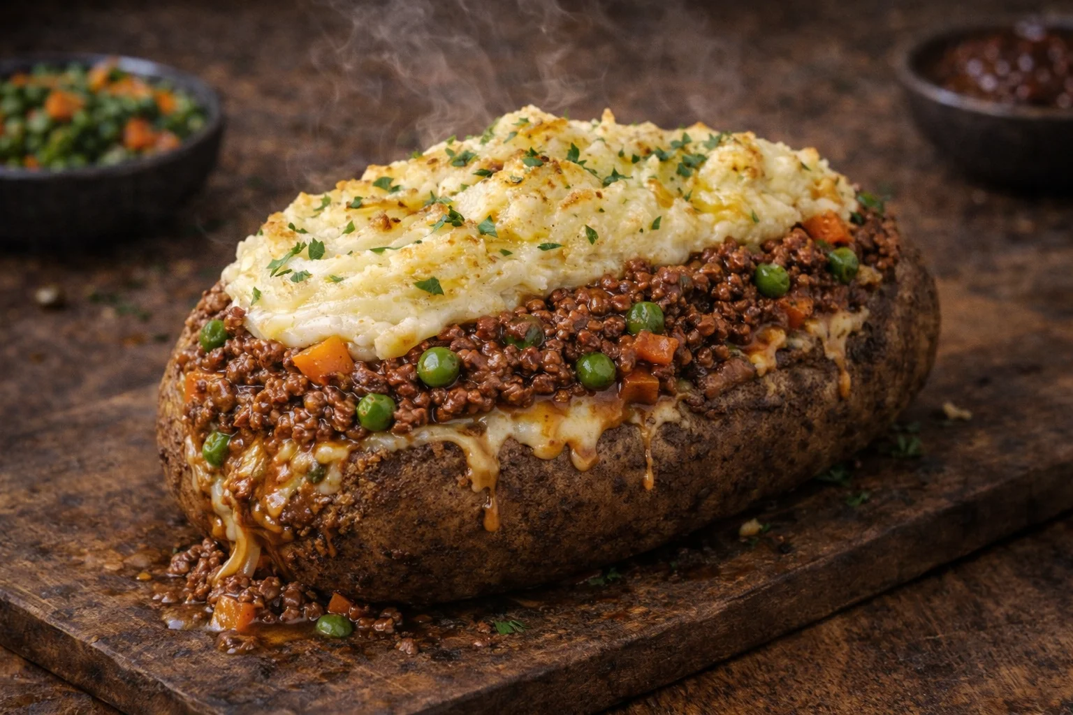 A baked potato filled with minced meat, vegetables, and topped with creamy mashed potatoes, garnished with herbs.
