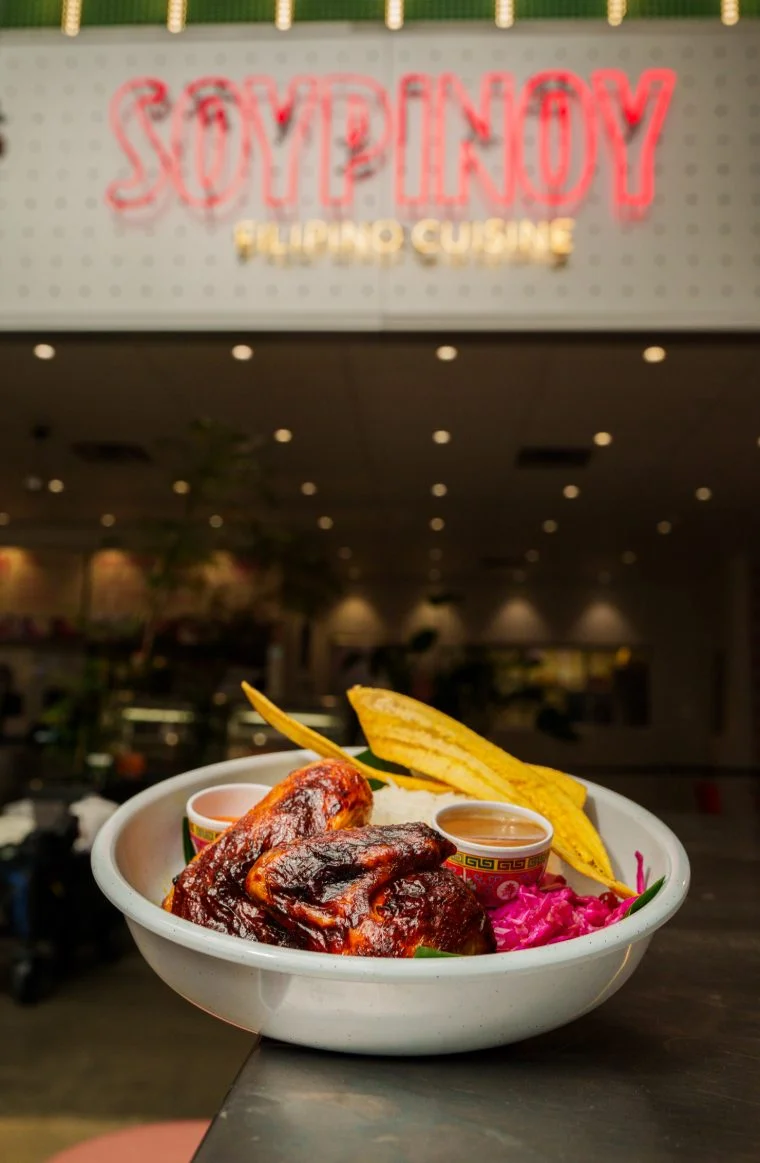 Filipino chicken wings with rice, plantains, and dipping sauce