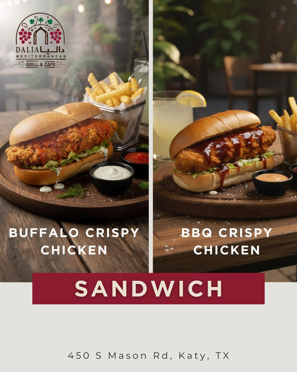 A side-by-side view of two crispy chicken sandwiches, one with buffalo sauce and the other with BBQ sauce, accompanied by fries.