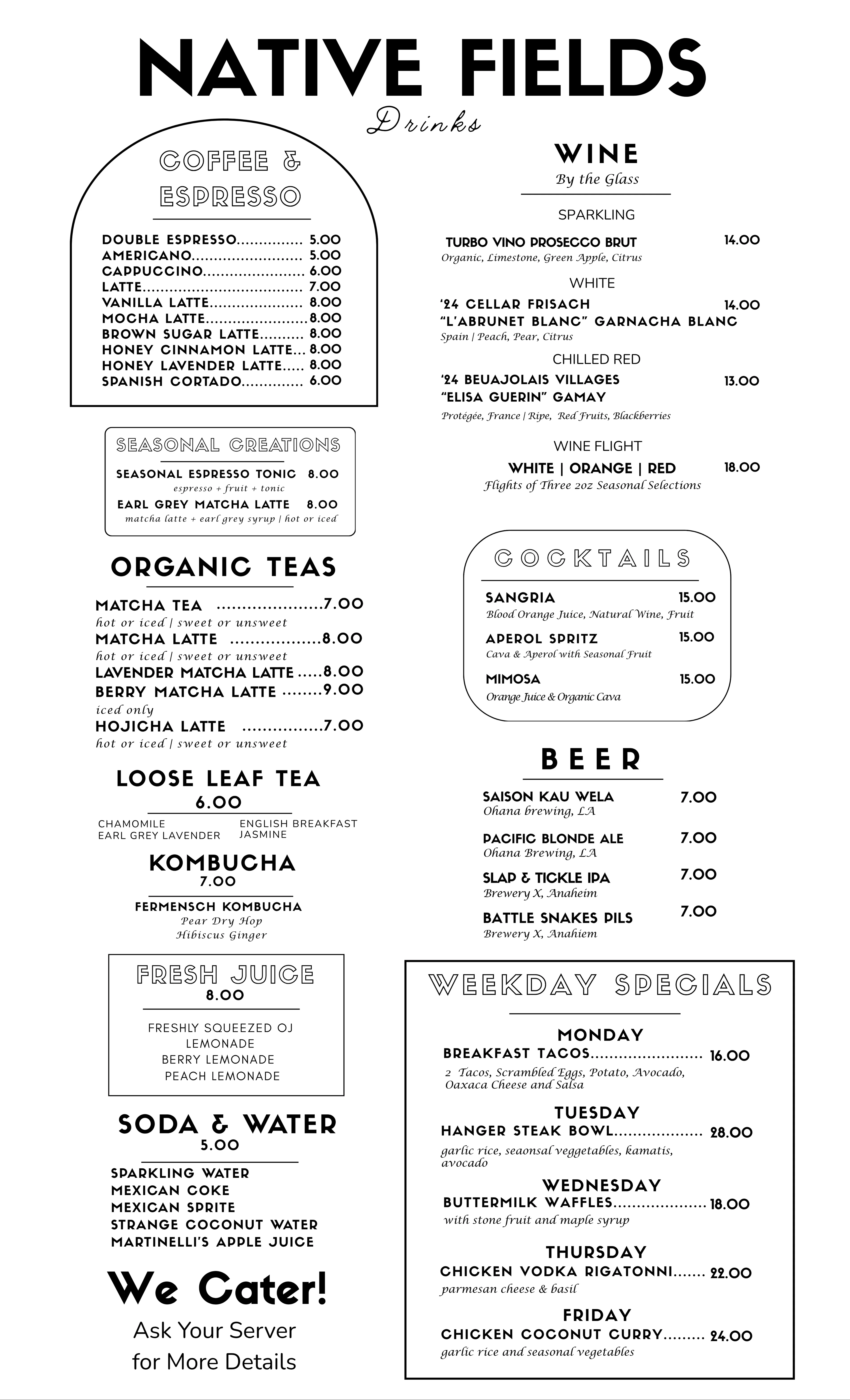 Diverse menu at Native Fields restaurant featuring seasonal dishes