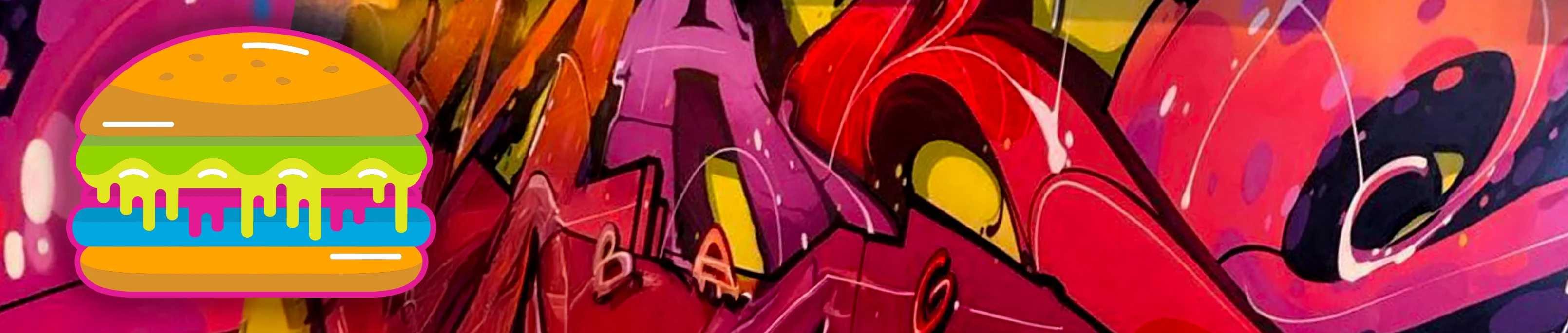 Colorful street art mural with a burger icon