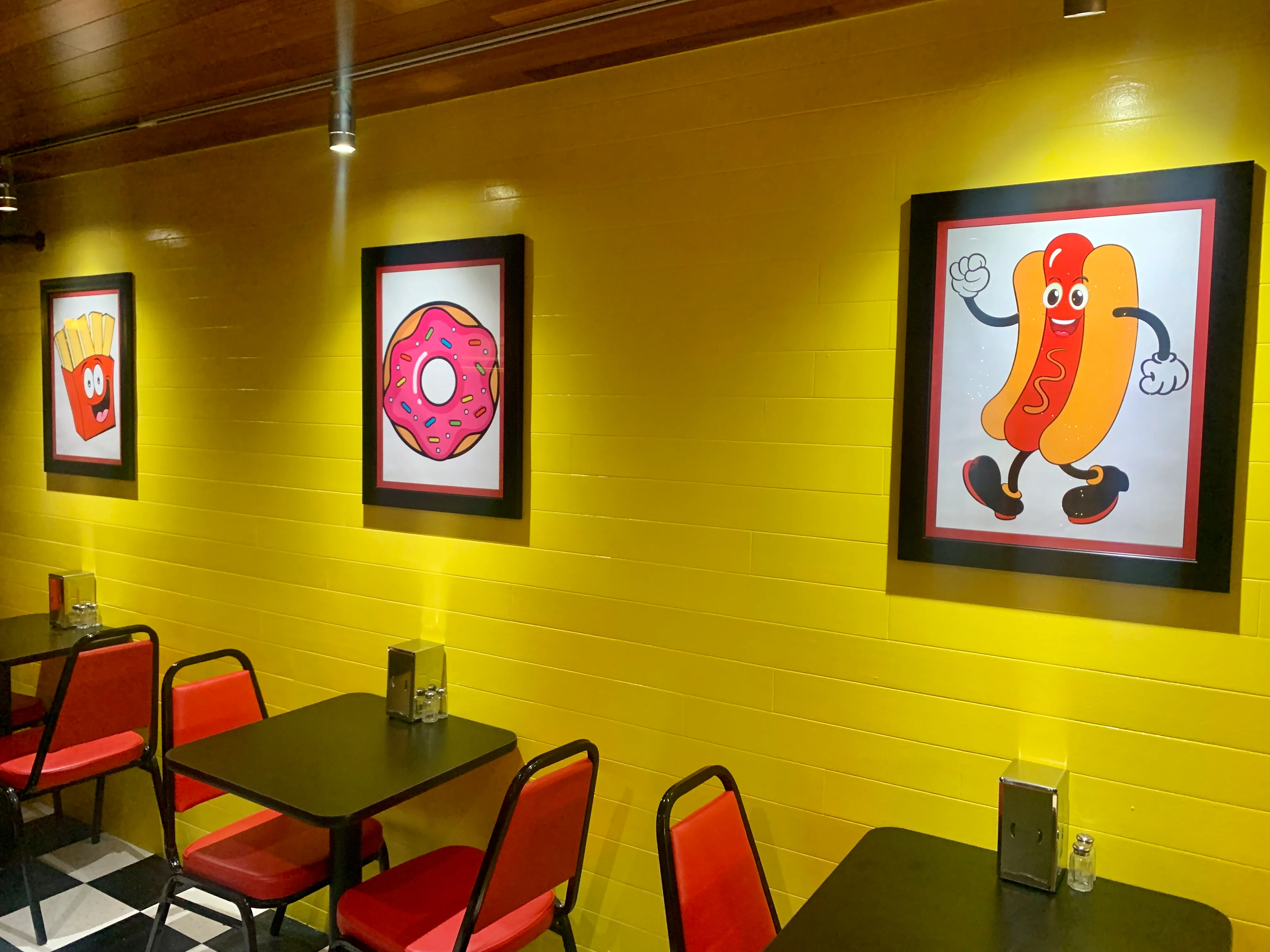 Colorful restaurant interior with playful food art