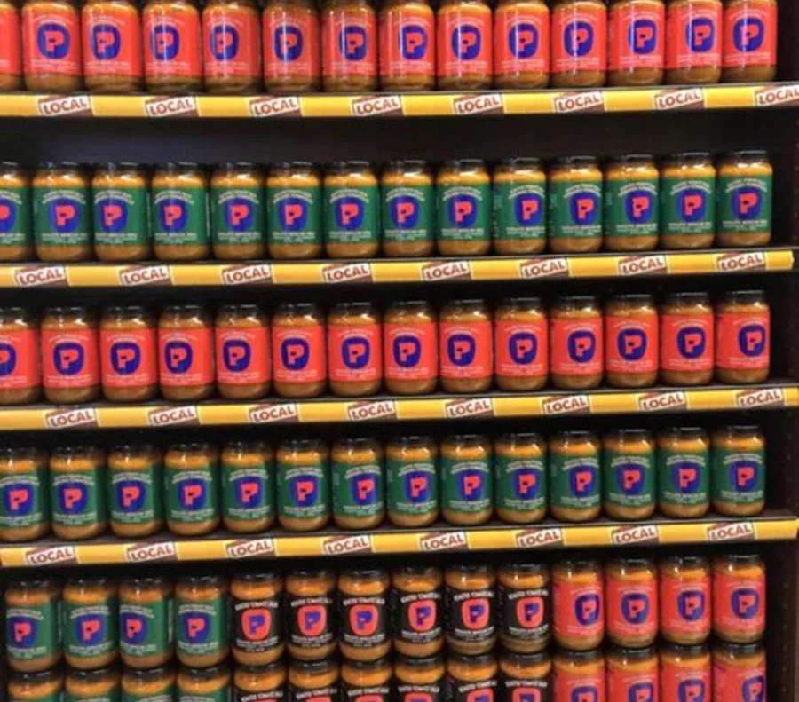 Jars of Papalote Salsa on super market shelves.
