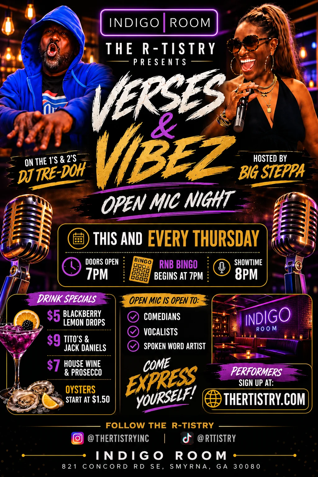 Promotional poster for open mic night at Indigo Room