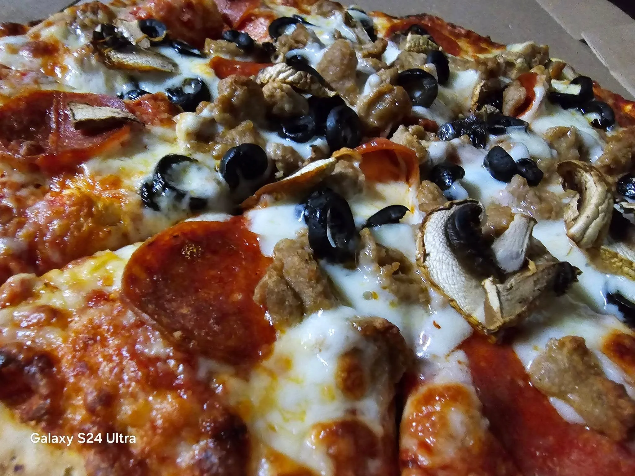 Delicious pepperoni pizza with olives and mushrooms