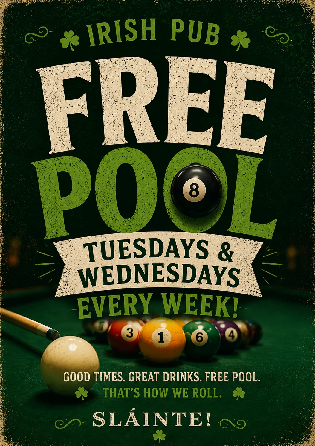 Promotional poster for free pool nights at an Irish pub