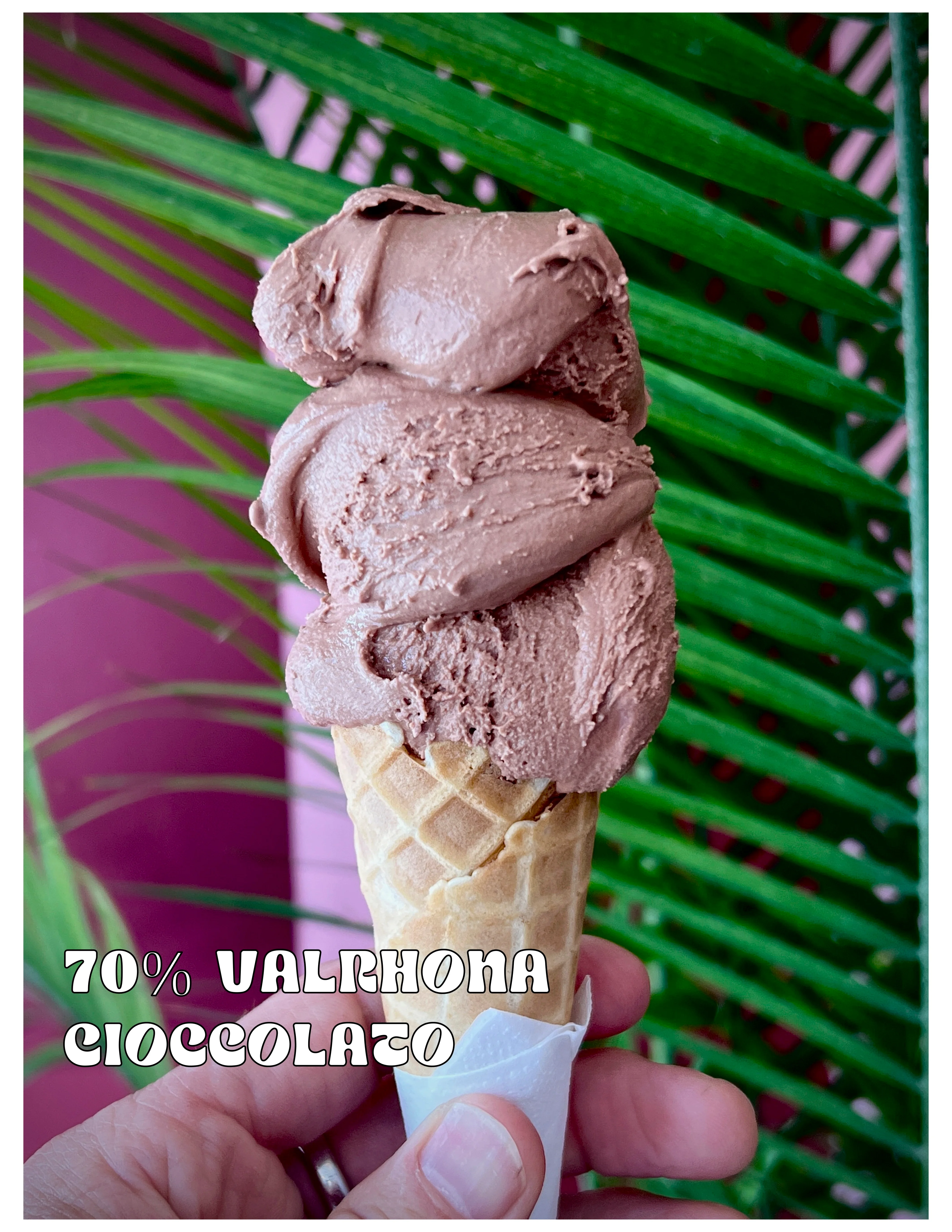 Decadent Valrhona chocolate gelato in a waffle cone