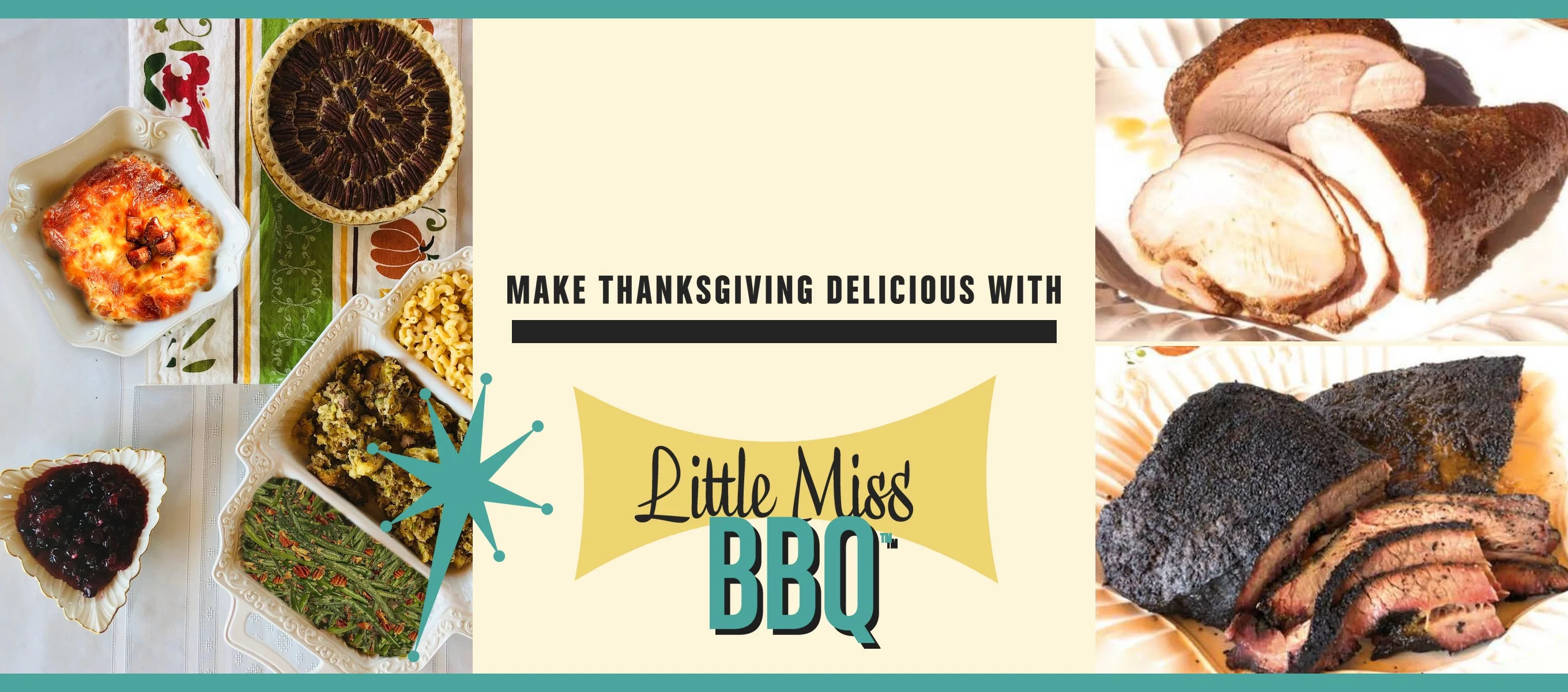 Thanksgiving feast featuring smoked turkey, BBQ brisket, and traditional sides
