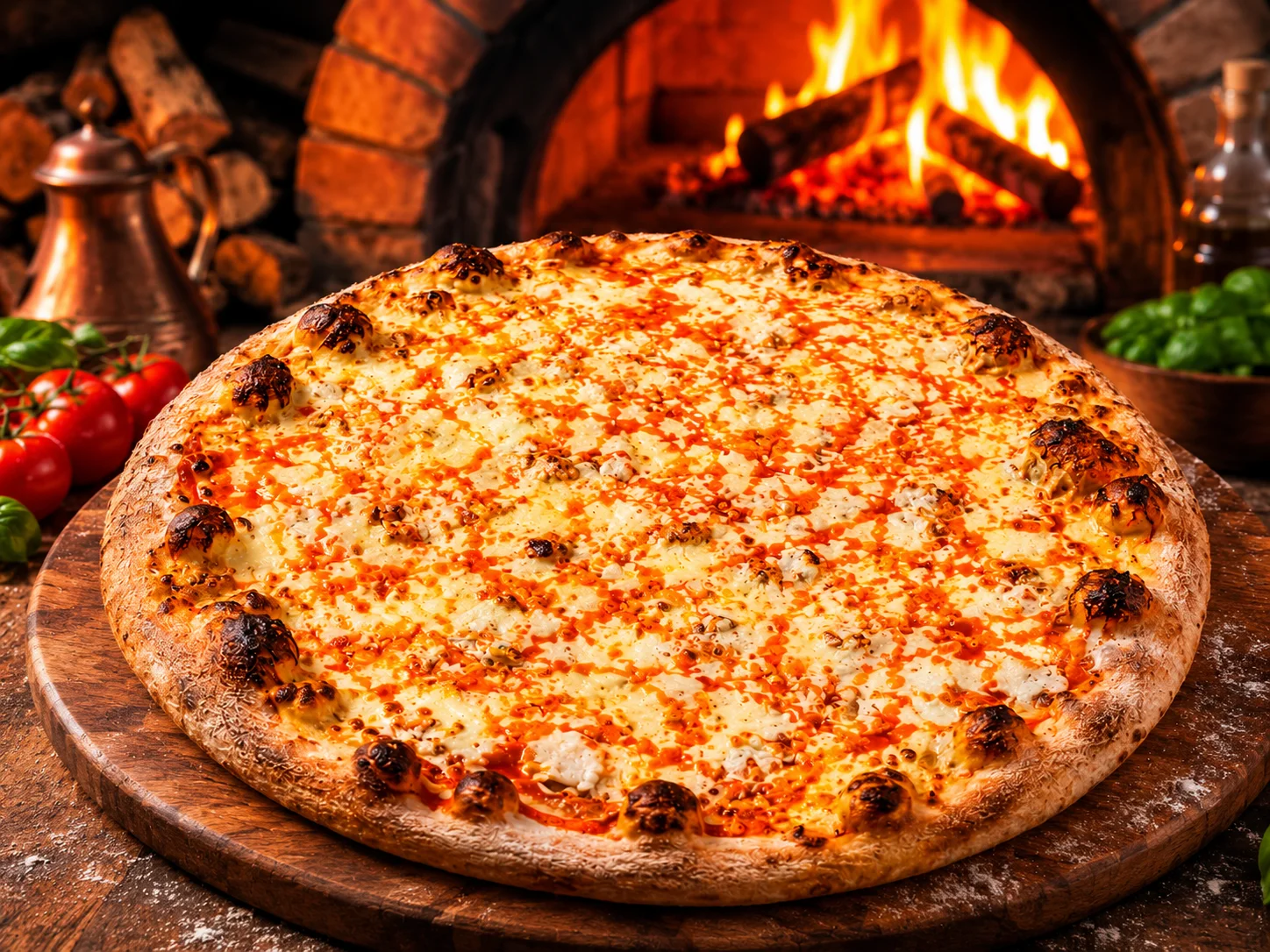 A freshly baked cheese pizza with a golden crust, placed on a wooden board. The background shows a brick oven with a fire burning.