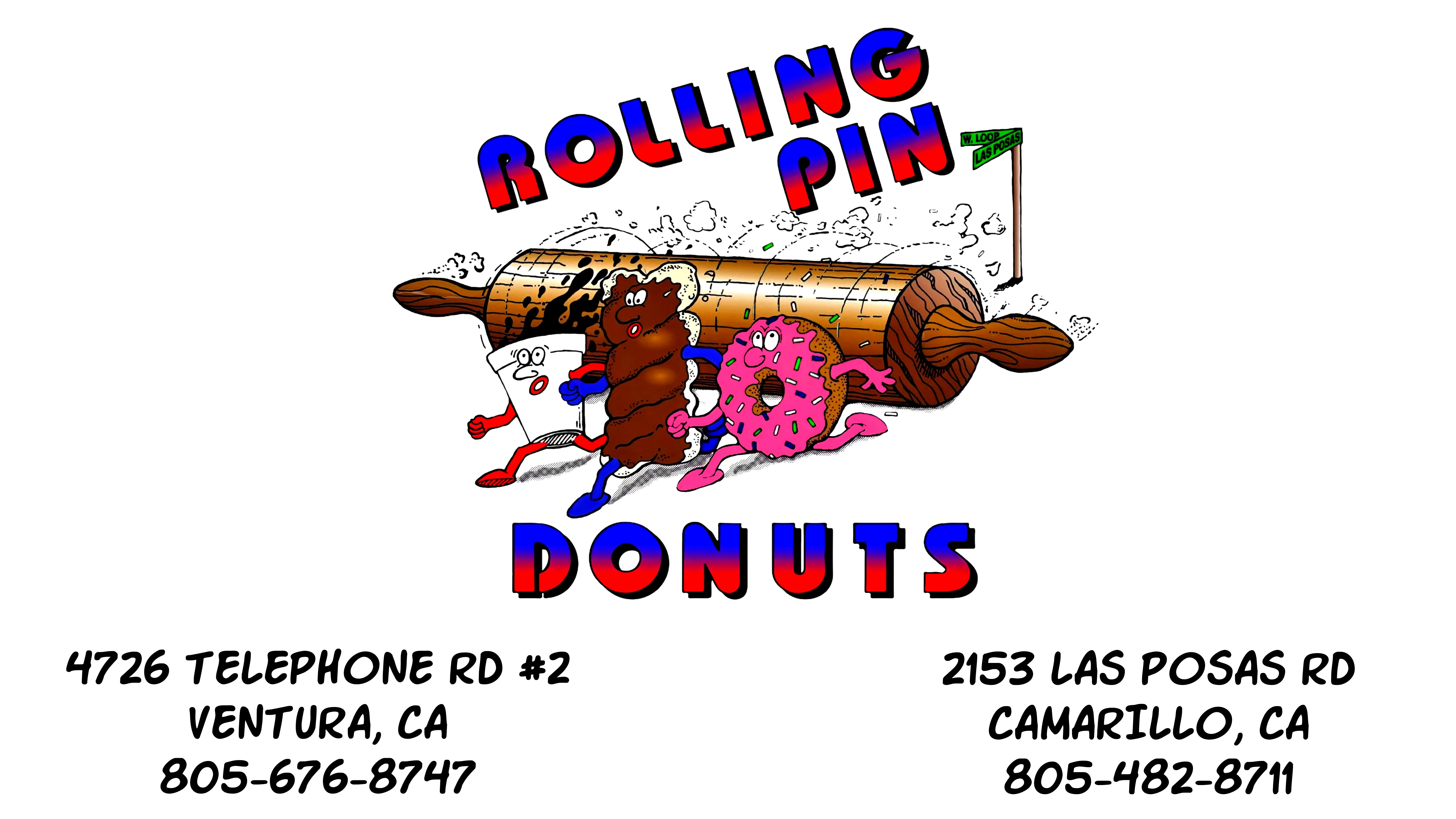 Colorful logo of Rolling Pin Donuts with animated donuts and rolling pin