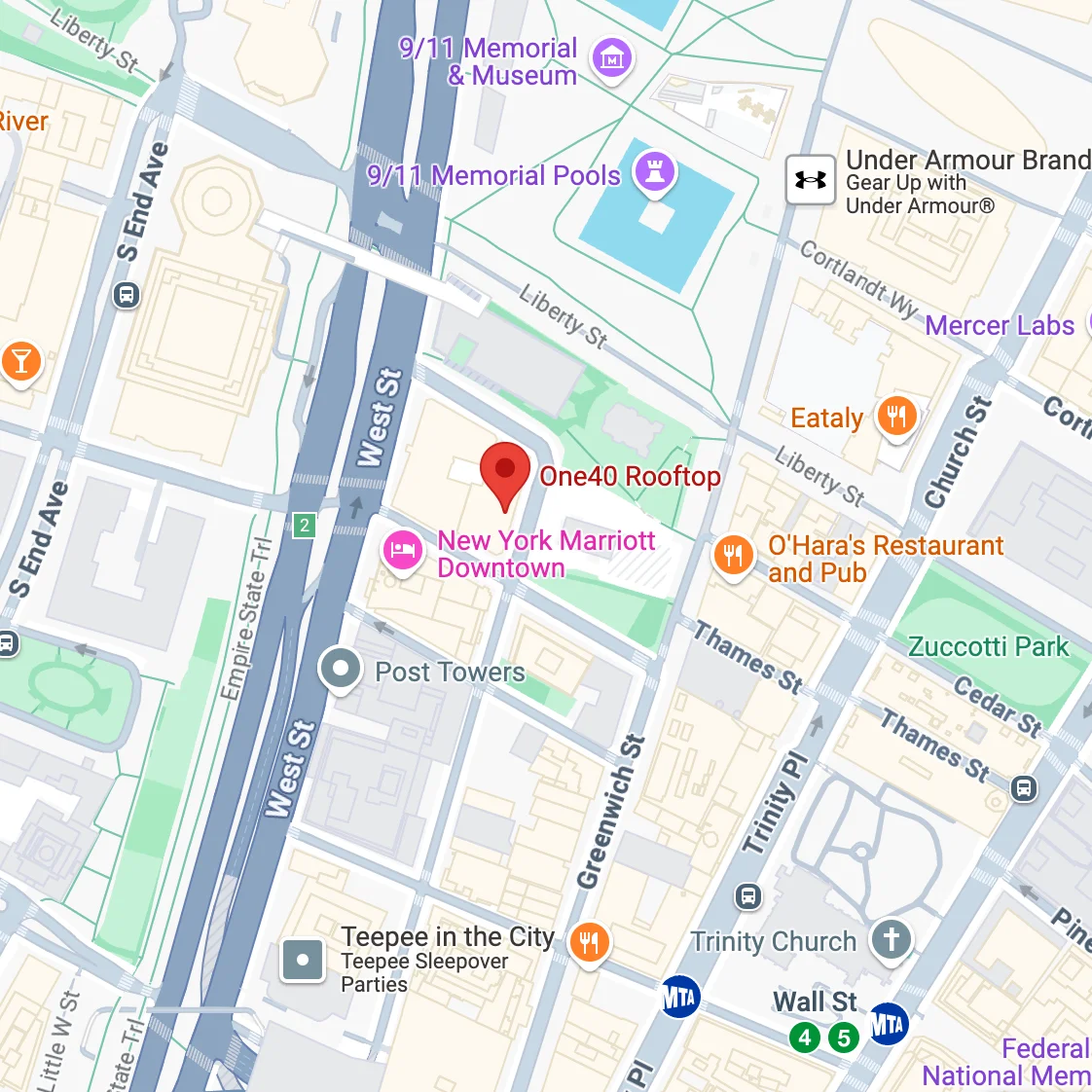 Map showing location of One40 Rooftop in New York City