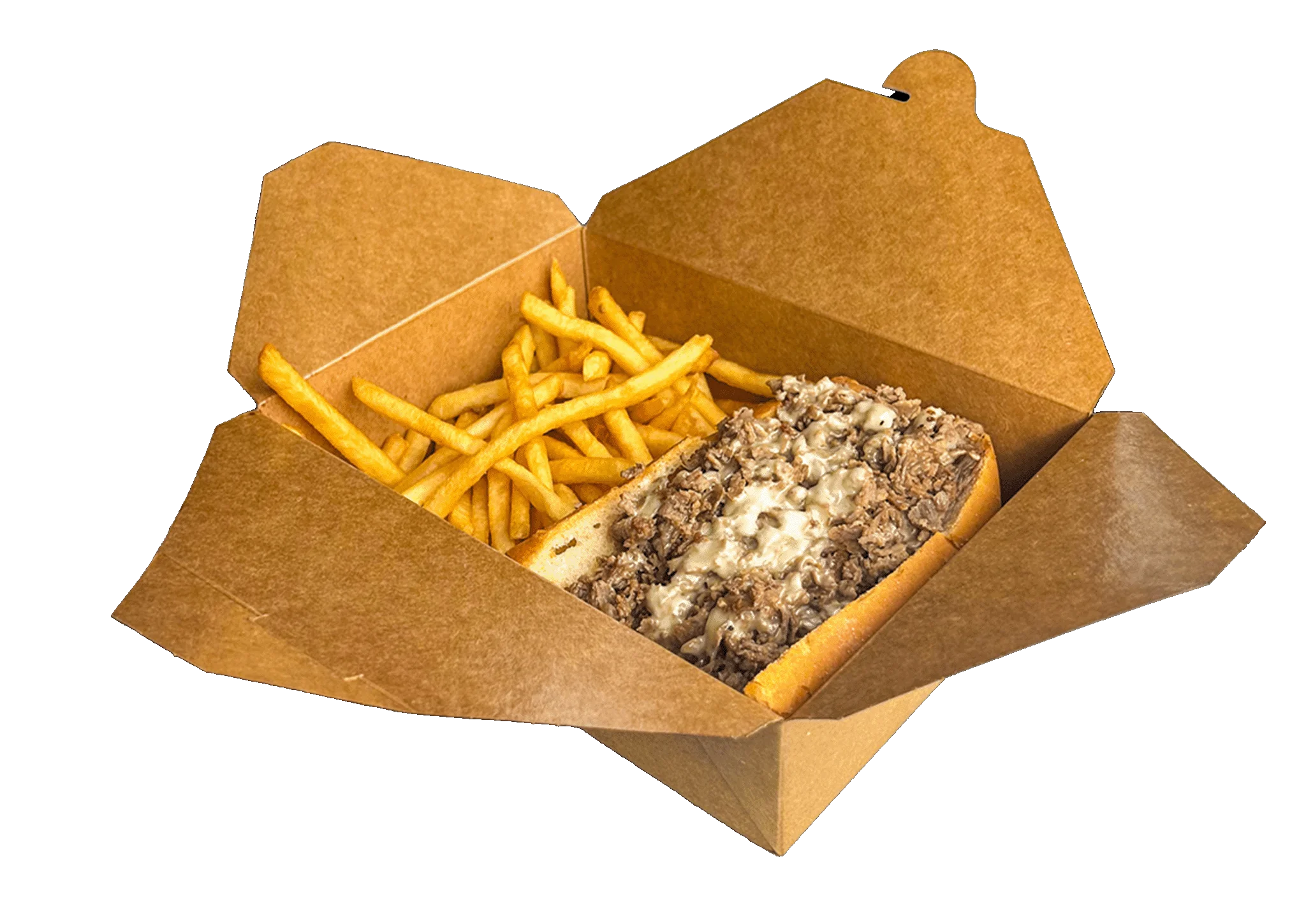 Philly cheesesteak with crispy fries in a takeout box