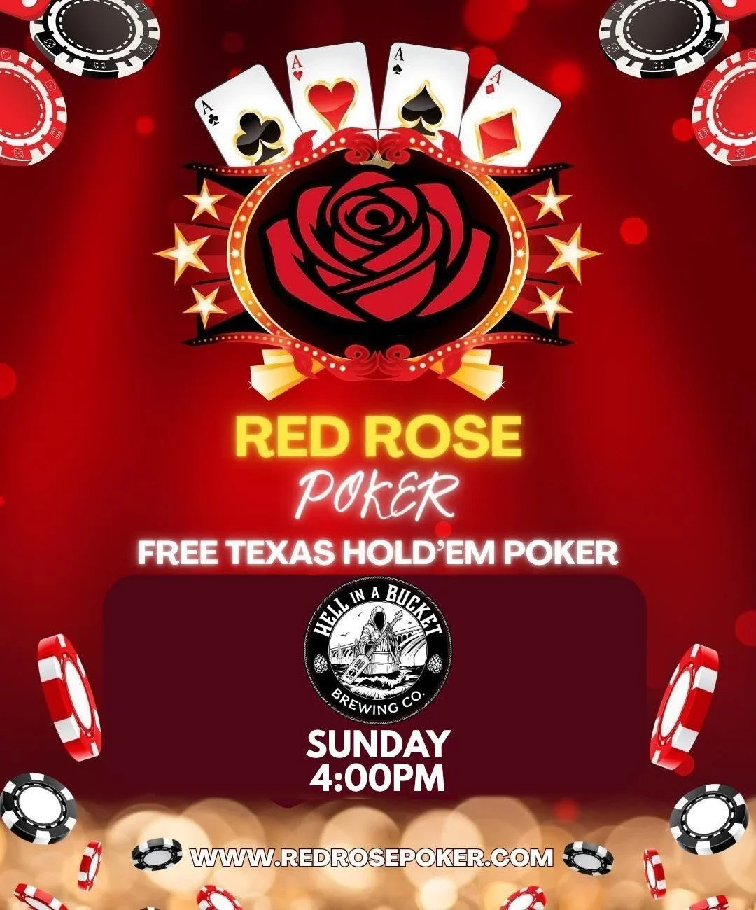 Red Rose Poker event poster with playing cards and poker chips