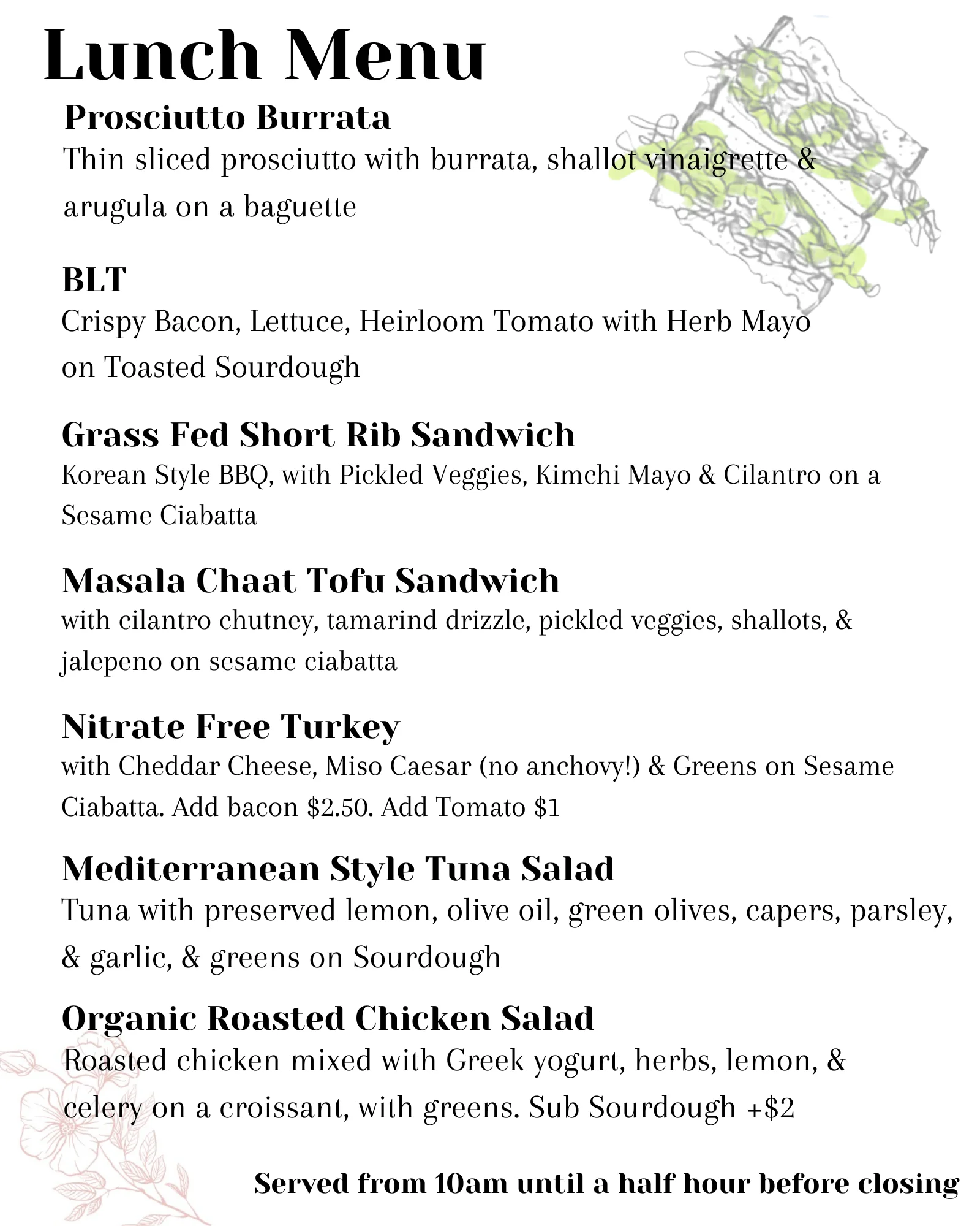 March lunch menu featuring various delicious dishes and beverages.