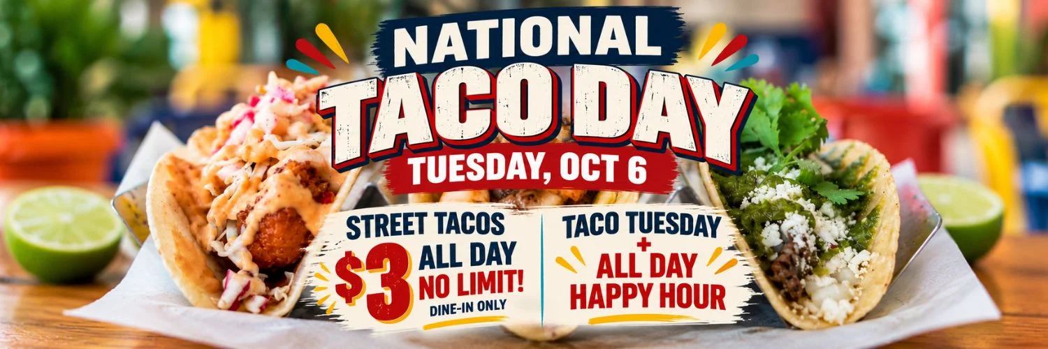 Promotional banner featuring colorful Mexican street tacos and Taco Tuesday typography