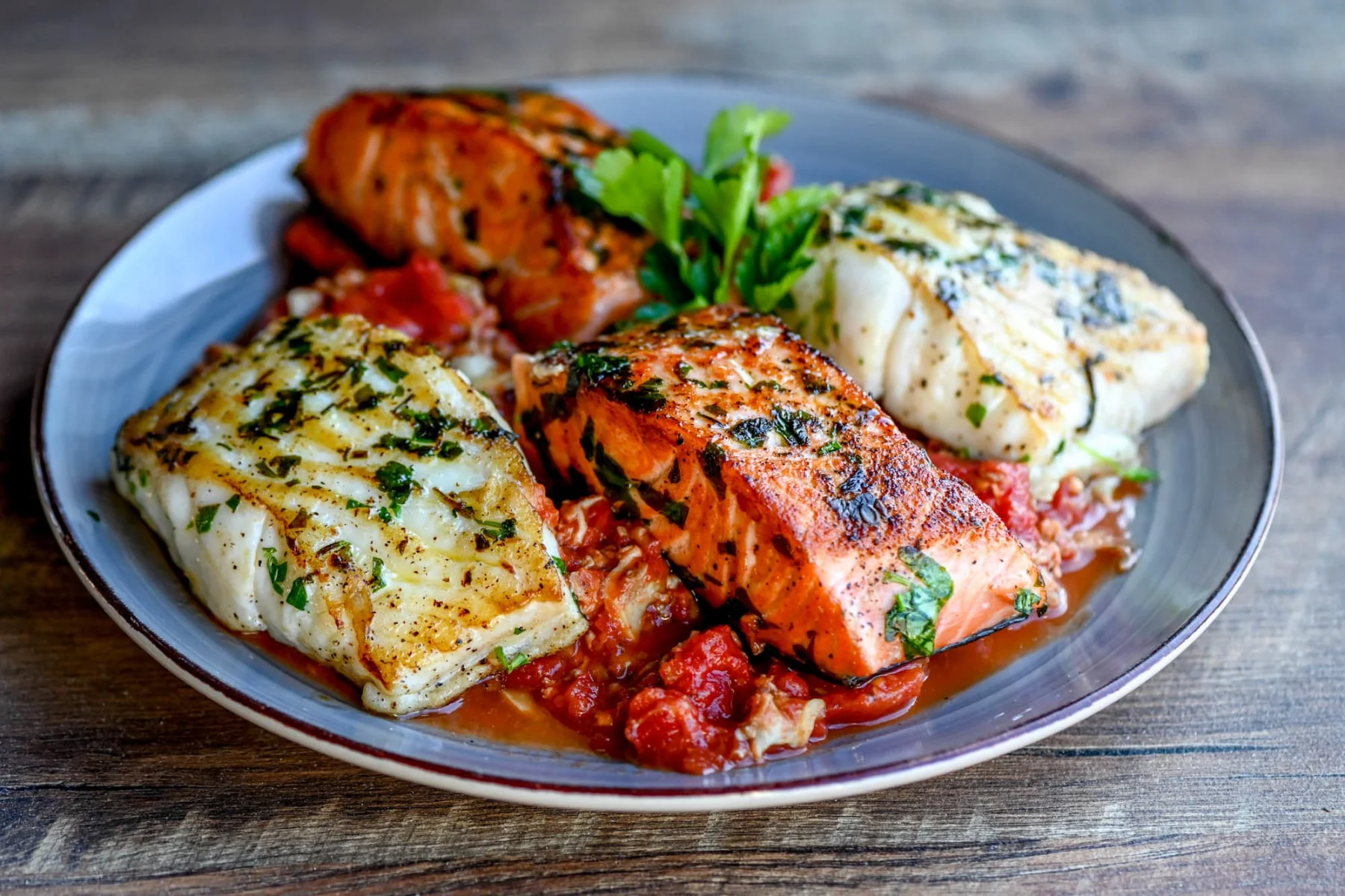 Grilled salmon and cod fillets on a bed of tomatoes
