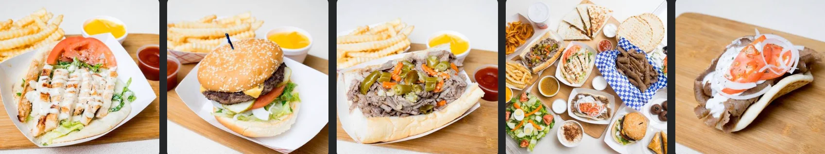Assorted sandwiches and fries in a casual dining setting