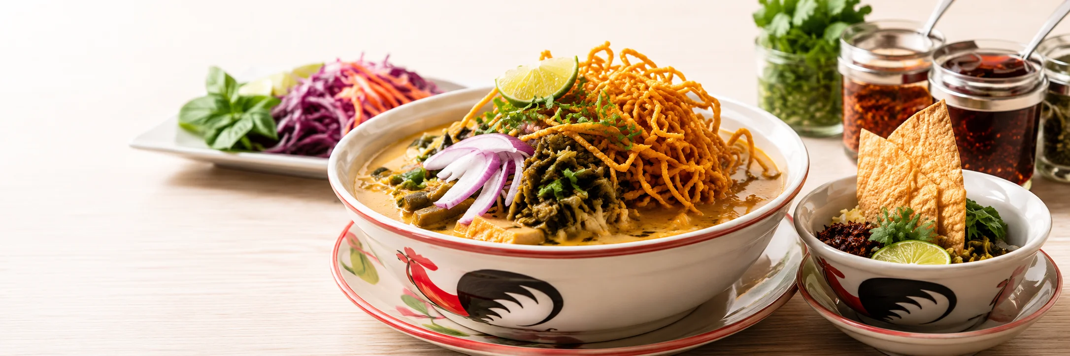 A logo featuring a bowl of noodles with chopsticks, accompanied by the text 'Thai Noodle' in an elegant font.