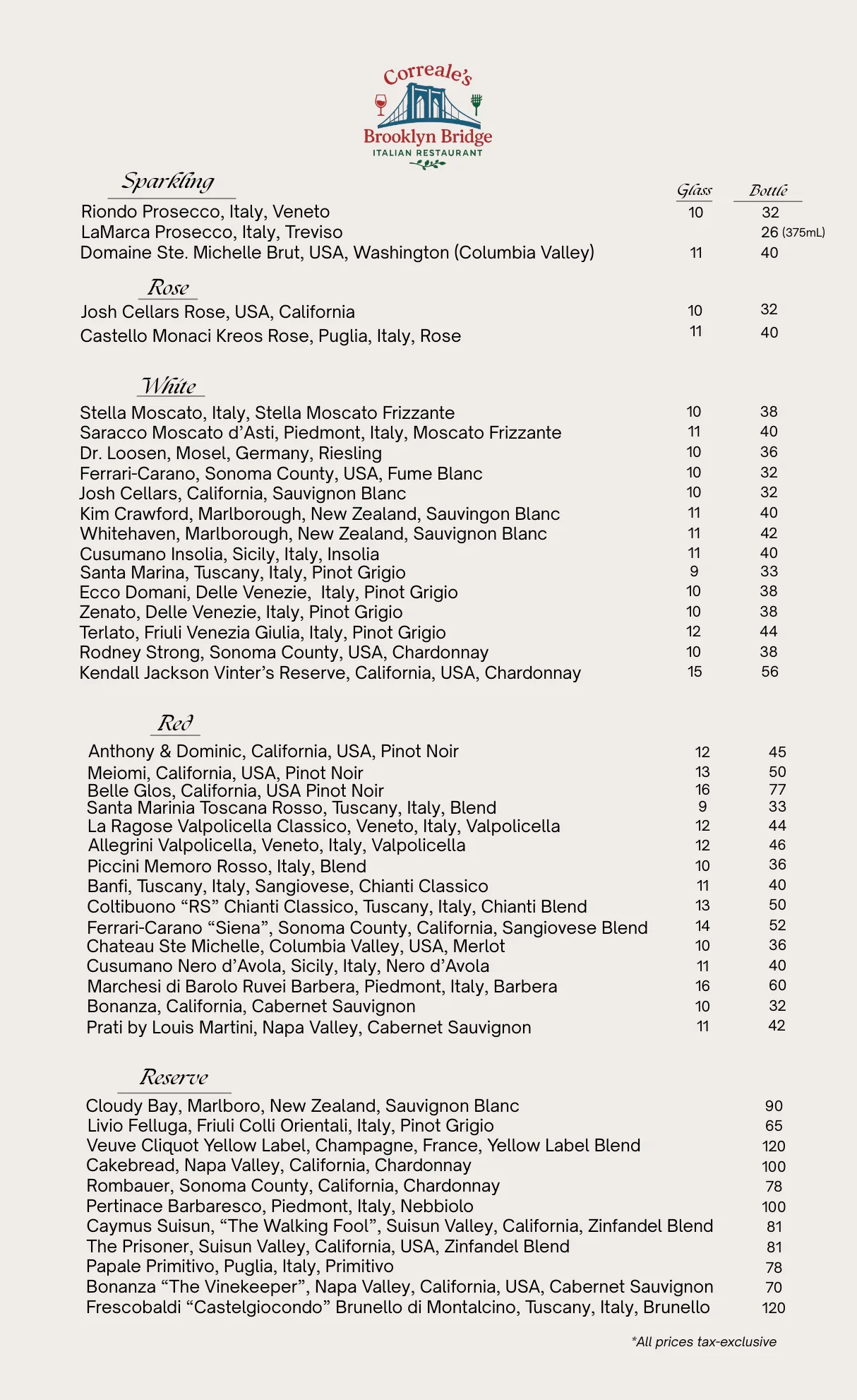 Wine list featuring Italian and Californian selections
