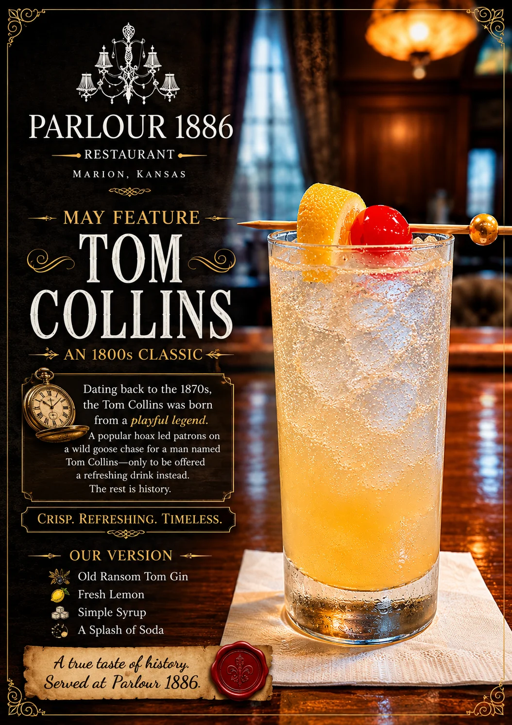 Tom Collins cocktail with lemon and cherry garnish at Parlour 1886.