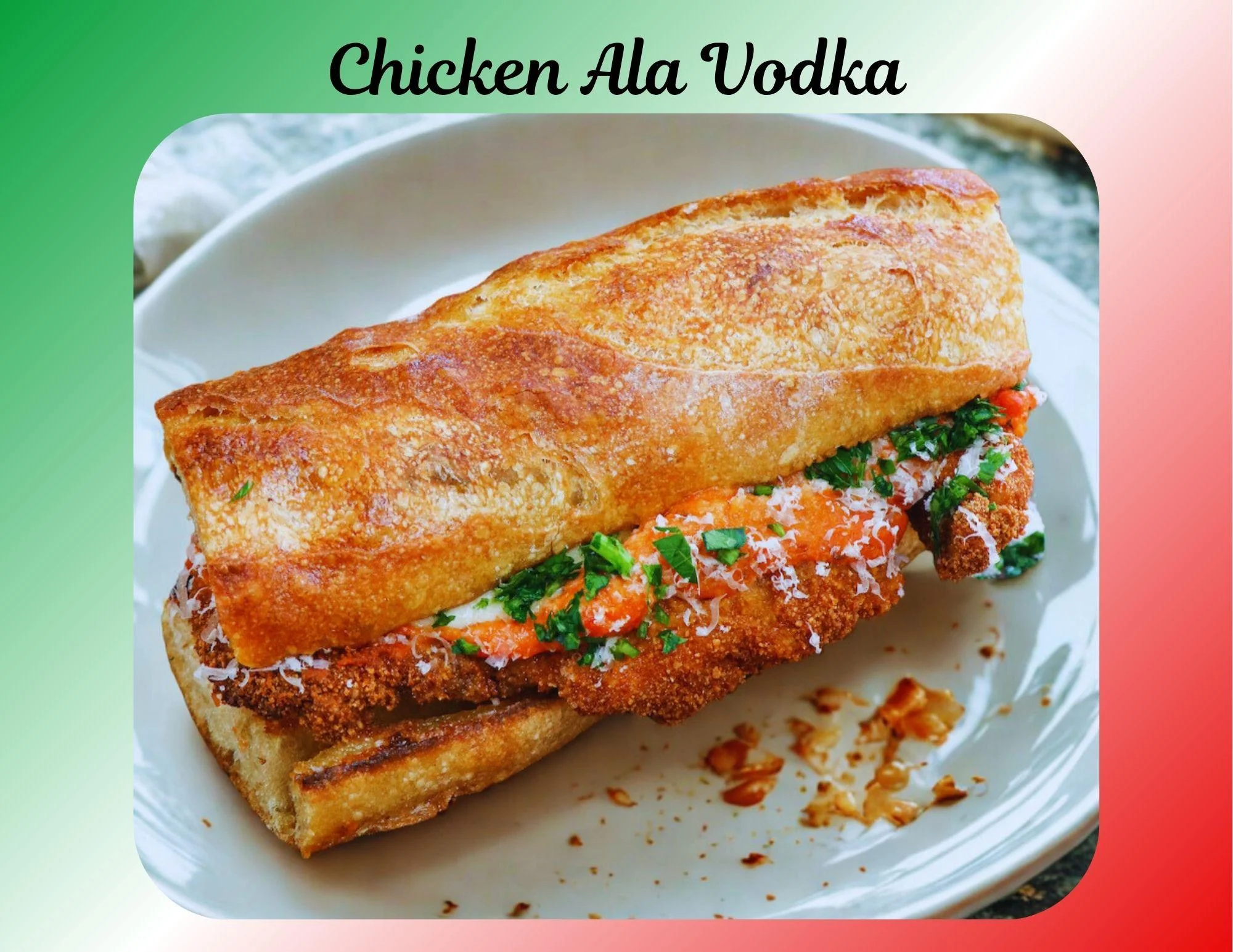 A chicken à la vodka sandwich with crispy chicken, vodka sauce, and herbs served in a crunchy roll.