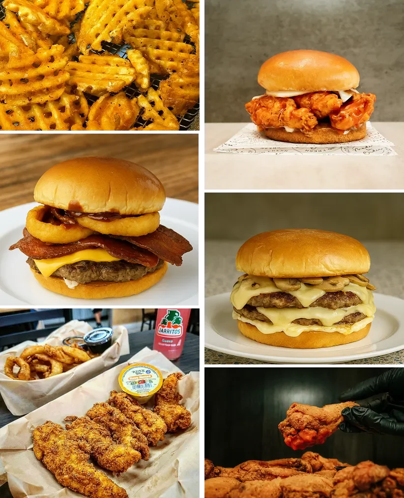 Crispy fried chicken sandwiches and sides in a casual dining setting